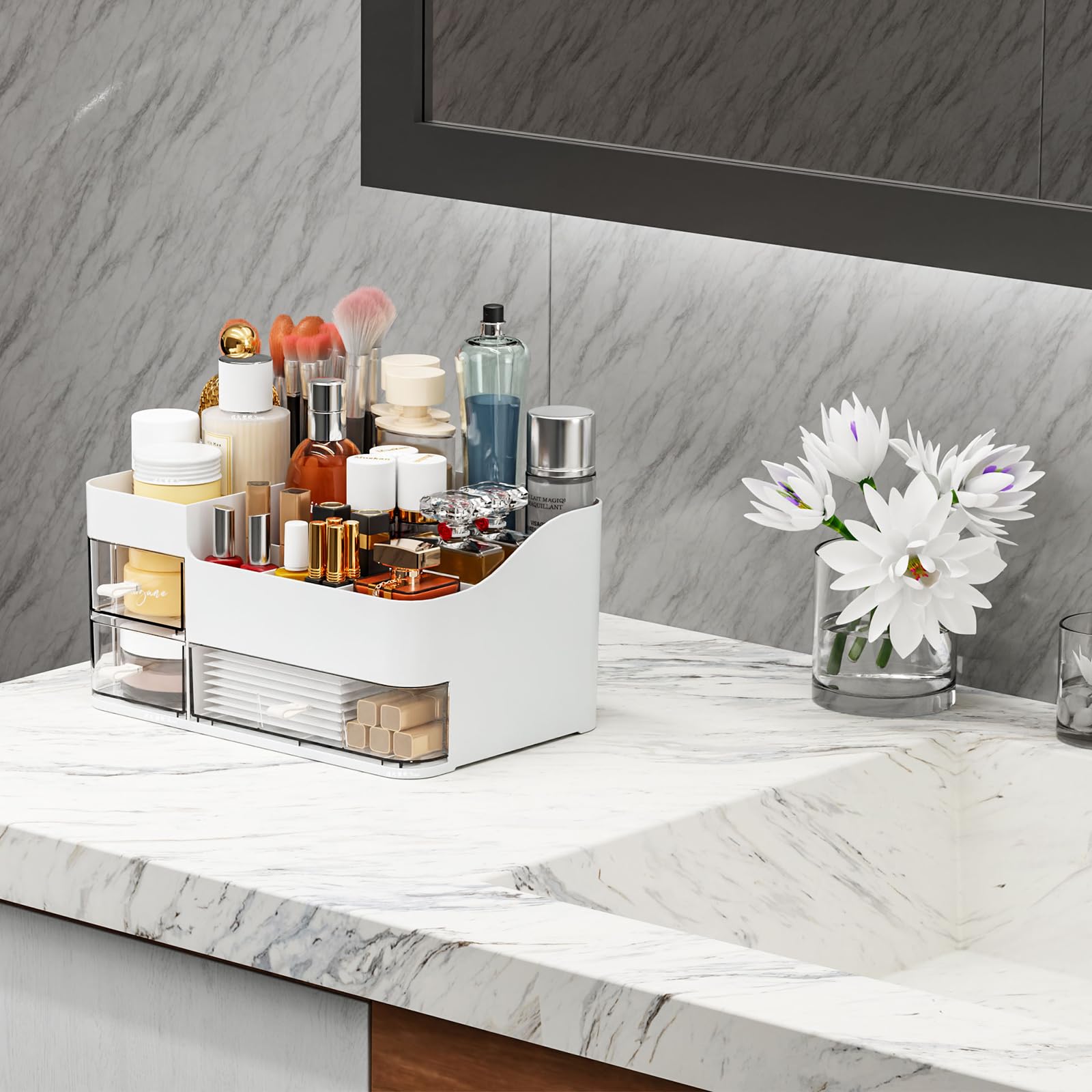 Large Capacity Makeup Organizer with Drawers - Cosmetic Storage Organizer for Vanity, Bathroom & Dresser | White Skincare & Beauty Products Organizer | Perfect for Countertop, Bedroom & Travel Use