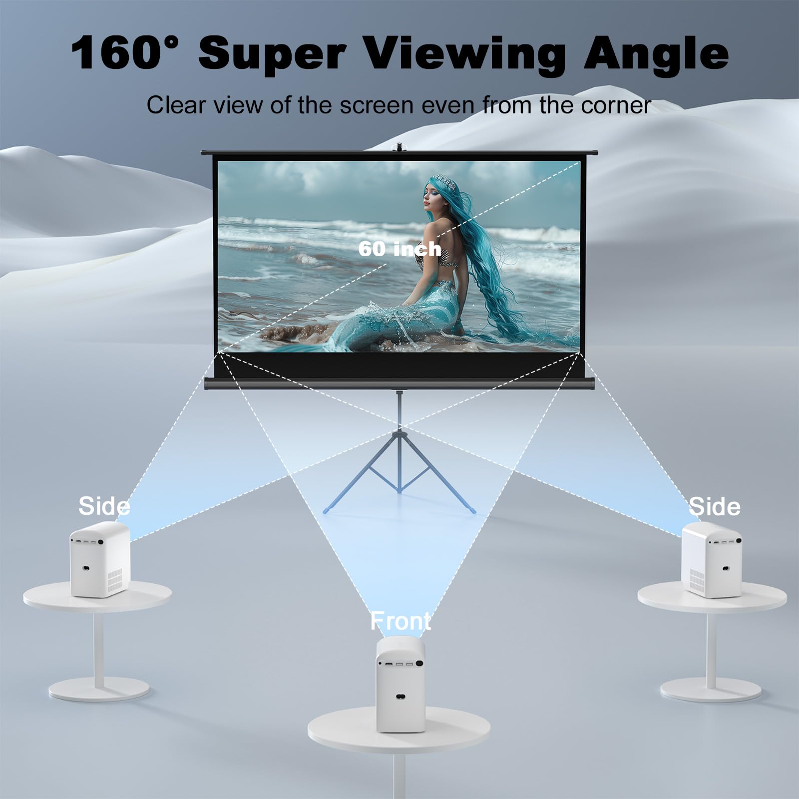 60 Inch Portable Outdoor Projector Screen with Stand Tripod - Indoor/Outdoor Pull Up Projection Screen 16:9 Adjustable for Home Theater, Backyard Movie Nights, Camping & Parties - Includes Carry Bag
