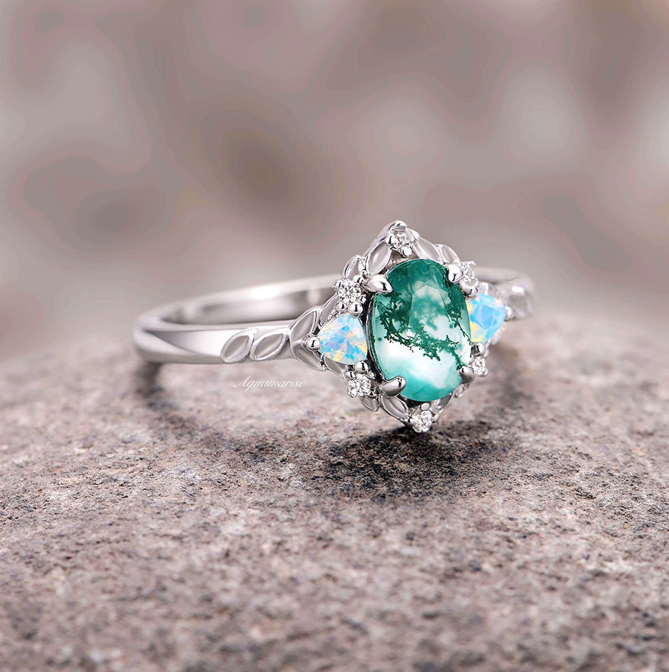 Elegant Moss Agate & Opalescent Sapphire Leaf Ring in Sterling Silver - Perfect for Nature-Inspired Jewelry Lovers, Weddings & Boho Fashion