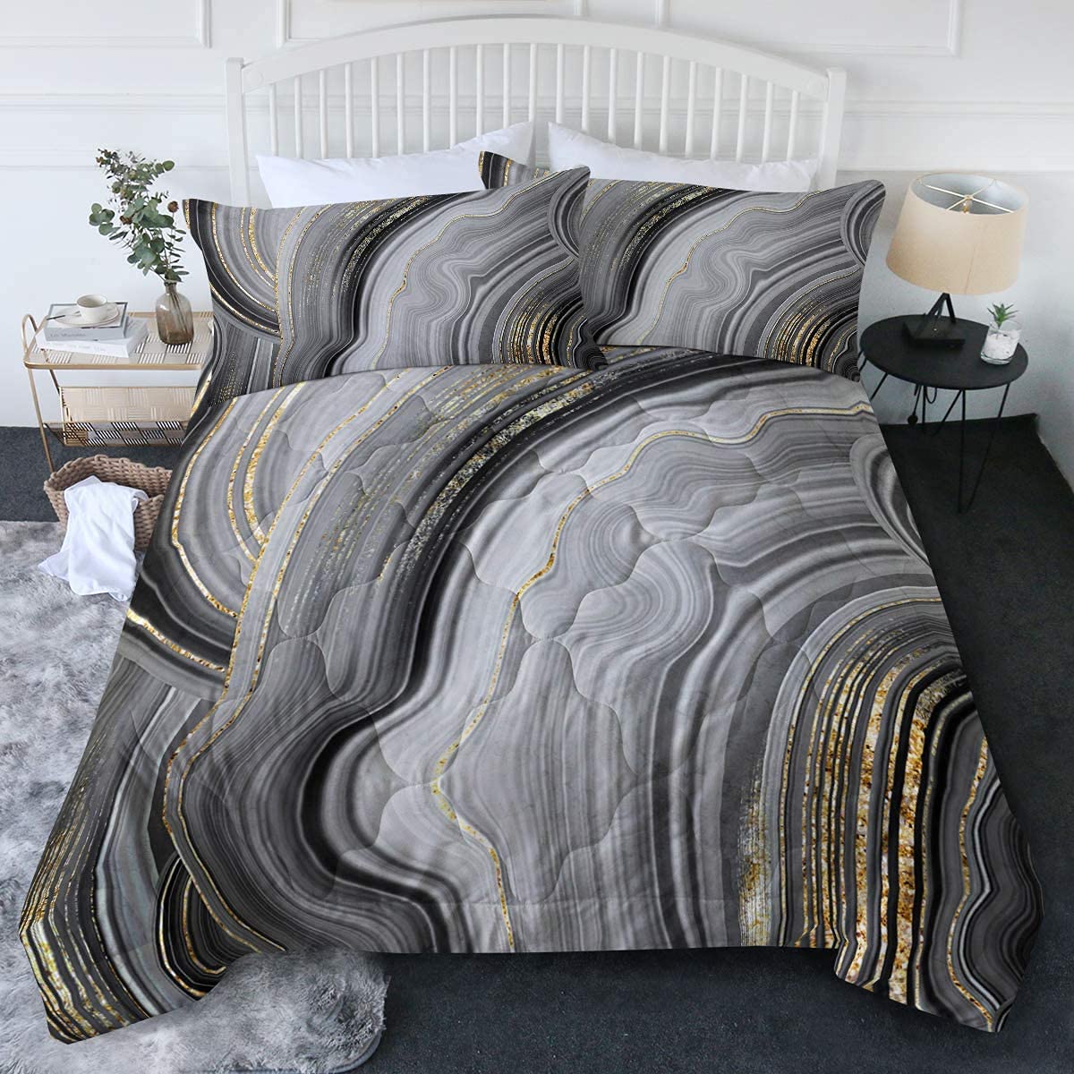 BlessLiving Full/Queen Comforter Set - Gray Black White & Gold Marble Print Luxury Bedding | Ultra Soft Microfiber 3-Piece Set for Cozy Bedroom Decor | Perfect for Master Bedroom, Guest Room & Dorm