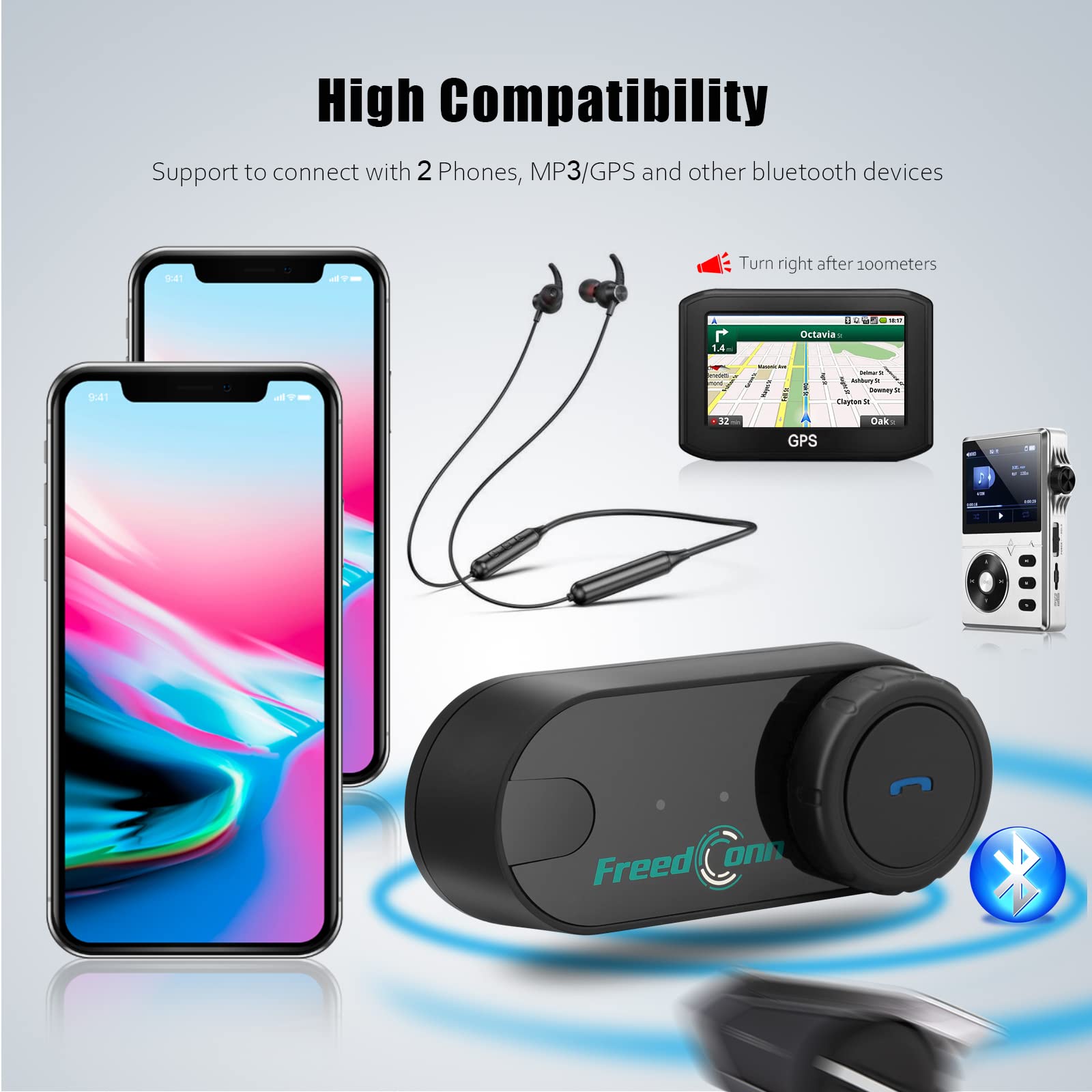 FreedConn TCOM VB Motorcycle Bluetooth Headset - Helmet Communication System with Music Sharing, Universal Pairing & 800M Range for 2-3 Riders (2 Pack) - Perfect for Group Rides, Touring & Adventure Motorcycling