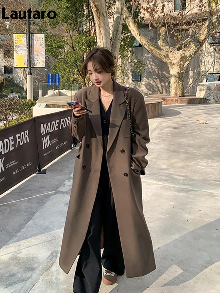 Women's Autumn Long Coffee Flowy Blazer Coat - Double Breasted Loose Casual Korean Fashion Overcoat with High Back Slit | Perfect for Office Wear, Date Nights & Fall Layering 2024