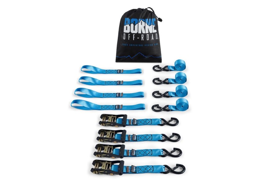 Borne Off Road Heavy Duty Ratchet Tie Down Straps Kit - 4 Pack Blue - Secure Cargo for Trucks, Trailers & Motorcycles - Perfect for Camping, Moving & Hauling