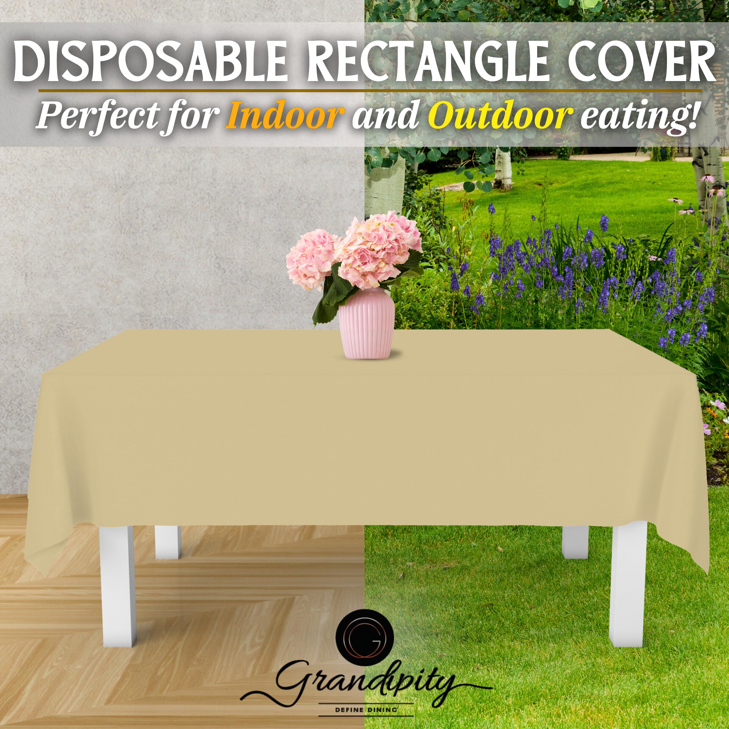 Premium Disposable Plastic Tablecloth - Beige (6 Pack) 54x108 Inch Rectangle Table Cover for Parties, Picnics & Events - Fits 6ft to 8ft Tables - Waterproof & Easy Clean for Indoor/Outdoor Use