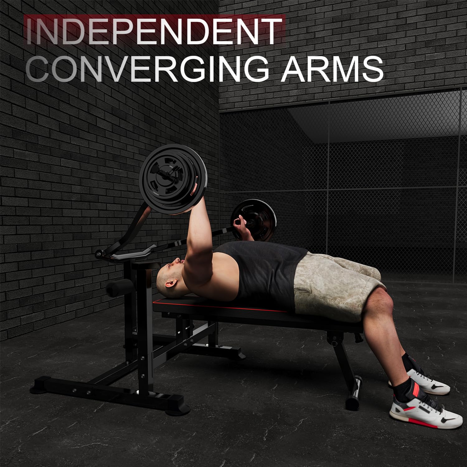 Adjustable Bench Press Set with Independent Converging Arms - Flat & Incline Chest Press Machine with Dumbbell Rack for Home Gym - Perfect for Chest, Arm & Ab Workouts (Ideal for Strength Training & Muscle Building at Home)