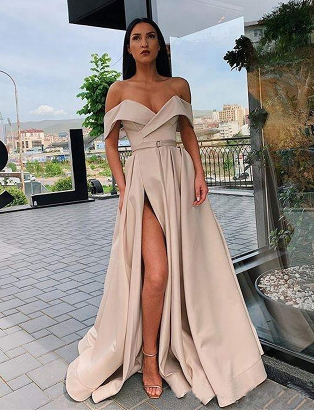 Emanni Women's Off Shoulder Long Side Slit Satin Prom Dress A-Line Evening Gown for Formal Party, Homecoming, Wedding Guest - Dark Grey