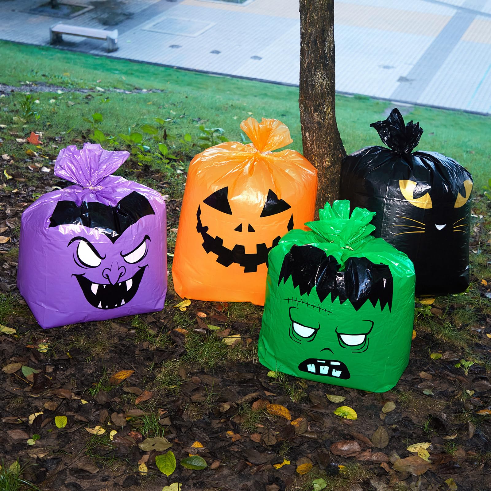 Qilery 8-Pack Large Halloween Pumpkin Leaf Bags - Heavy Duty Plastic Lawn Bags with Twist Ties for Fall Yard Waste, Reusable Halloween Trash Bags & Party Decorations - Perfect for Halloween Decor, Garden Cleanup, and Outdoor Autumn Celebrations
