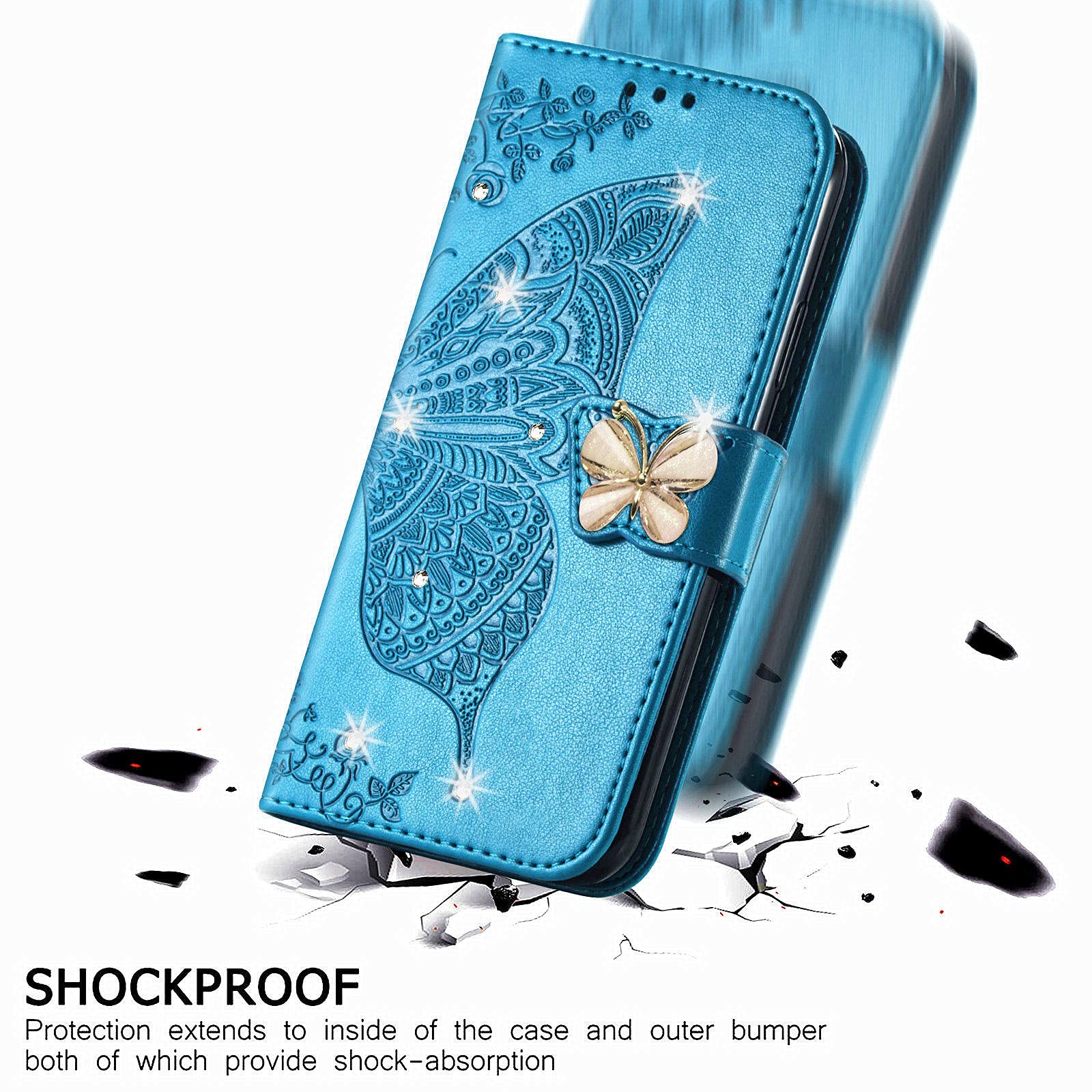 Butterfly Pattern PU Leather Wallet Case for iPhone 13 Pro Max - Magnetic Clasp & Card Holder Cover with Rhinestones (Blue) | Perfect for Everyday Use, Travel, and Secure Storage of Cards & Cash