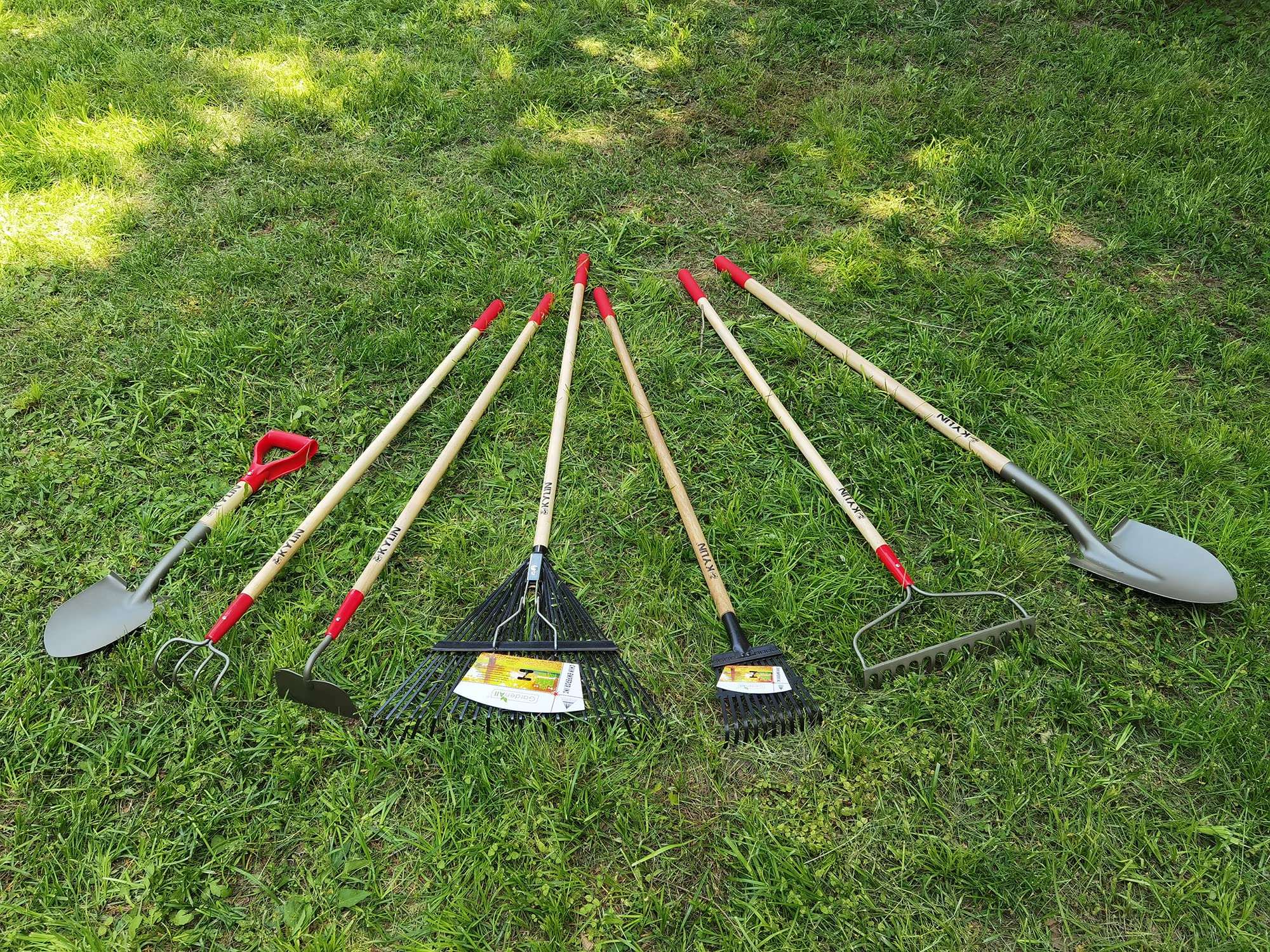**GardenAll 7-Piece Garden Tool Set - Shovels, Rakes & Hoe with Long Wooden Handles - Durable Metal Digging Tools for Women & Men - Perfect for Planting, Weeding & Landscaping**