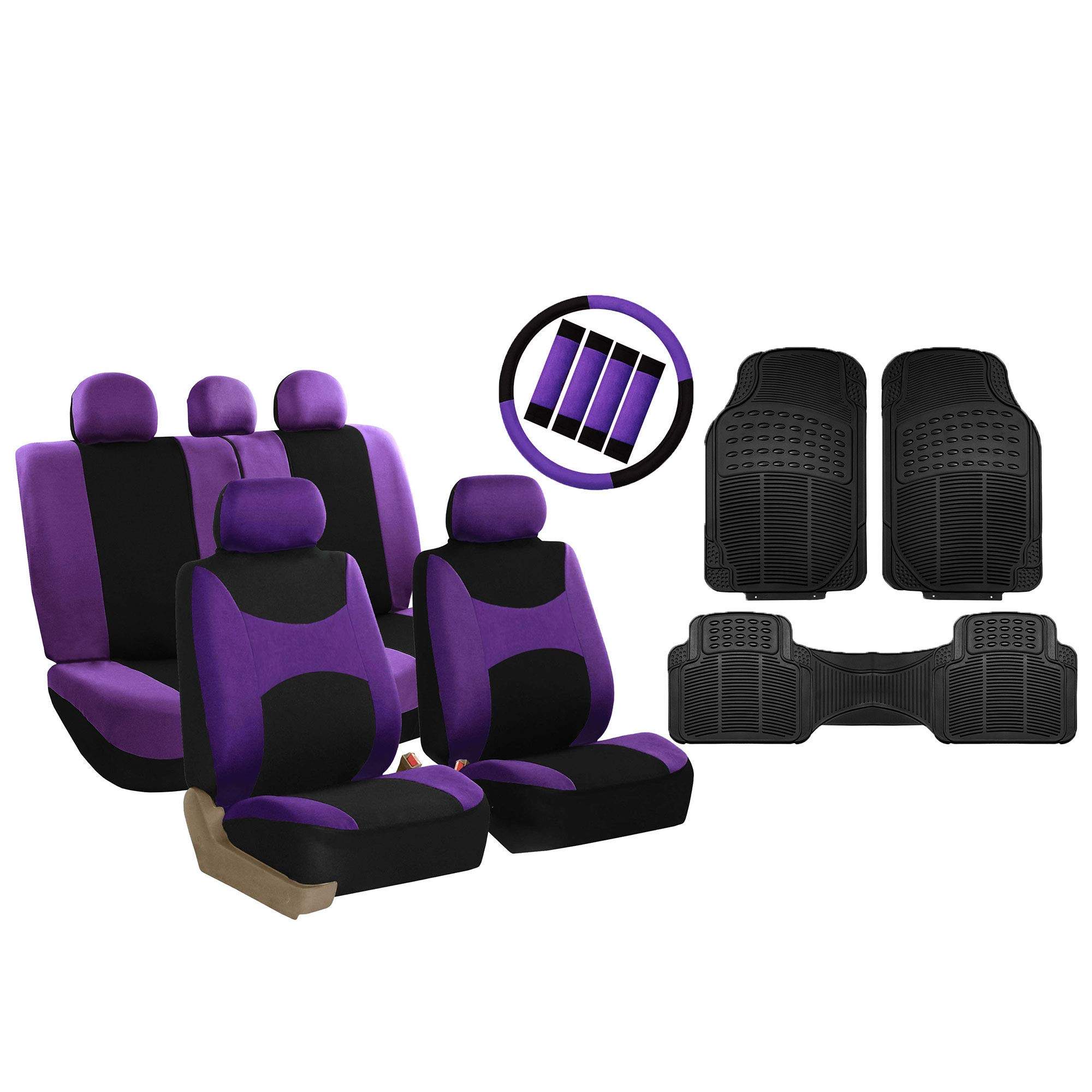 FH Group Light & Breezy Cloth Full Set Car Seat Covers - Purple/Black Combo with Steering Wheel Cover, Seat Belt Pads & Vinyl Floor Mats | Universal Fit for Cars, Trucks & SUVs | Perfect for Road Trips, Daily Commute & Interior Protection