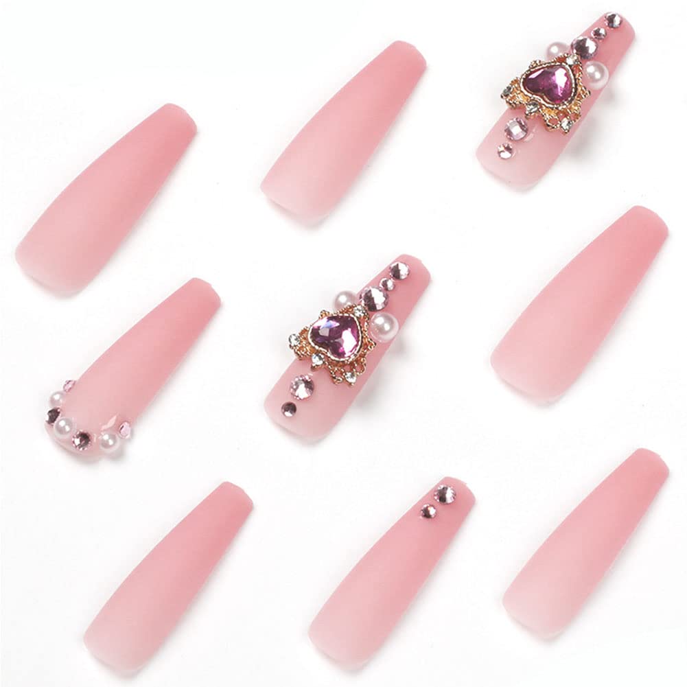 24Pcs Long Coffin Press on Nails with Diamond & Heart Shaped Gems - Glossy Ballerina Fake Nails for Women & Girls - Full Cover Clip on False Nails for Parties, Weddings & Special Occasions