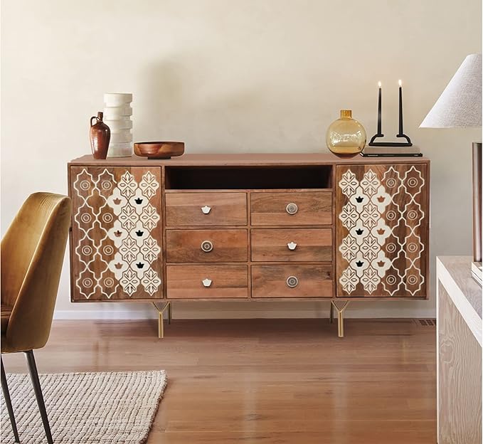 Premium Solid Mango Wood Sideboard Cabinet - Corsica Traditional Full Size Storage Chest with Stencil Carving | Perfect for Dining Room, Living Room & Home Office Organization