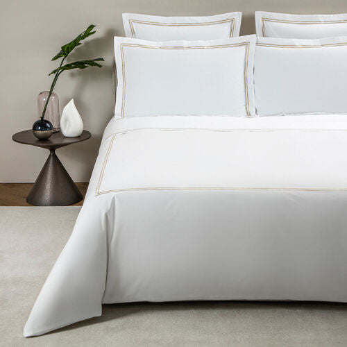 Frette Luxury Hotel Classic King Duvet Cover Set - 100% Egyptian Cotton White & Khaki for Premium Bedroom Comfort