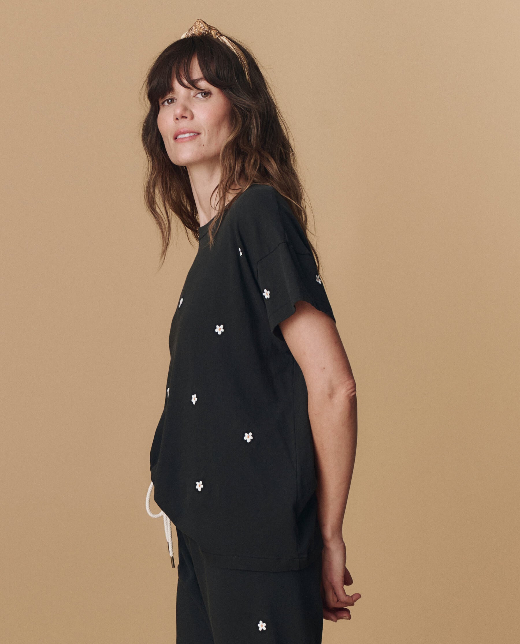 The Boxy Crew Embroidered Sweatshirt - Almost Black with Daisy Embroidery | Casual Loungewear & Streetwear for Women