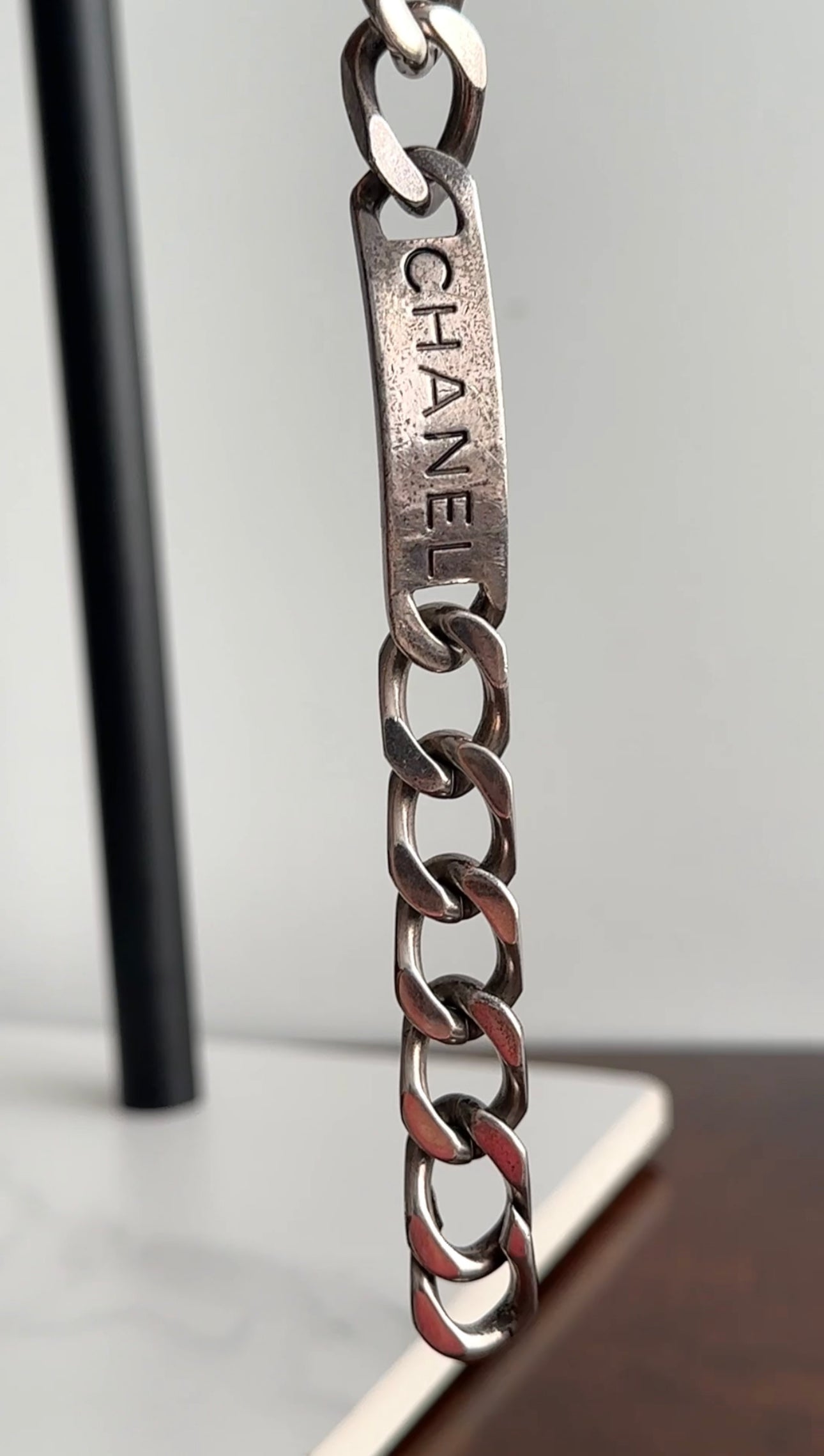 Vintage Chanel 96P Antiqued Silver Logo ID Bracelet - Authentic Luxury Jewelry for Women | Perfect for Parties, Weddings & Everyday Elegance