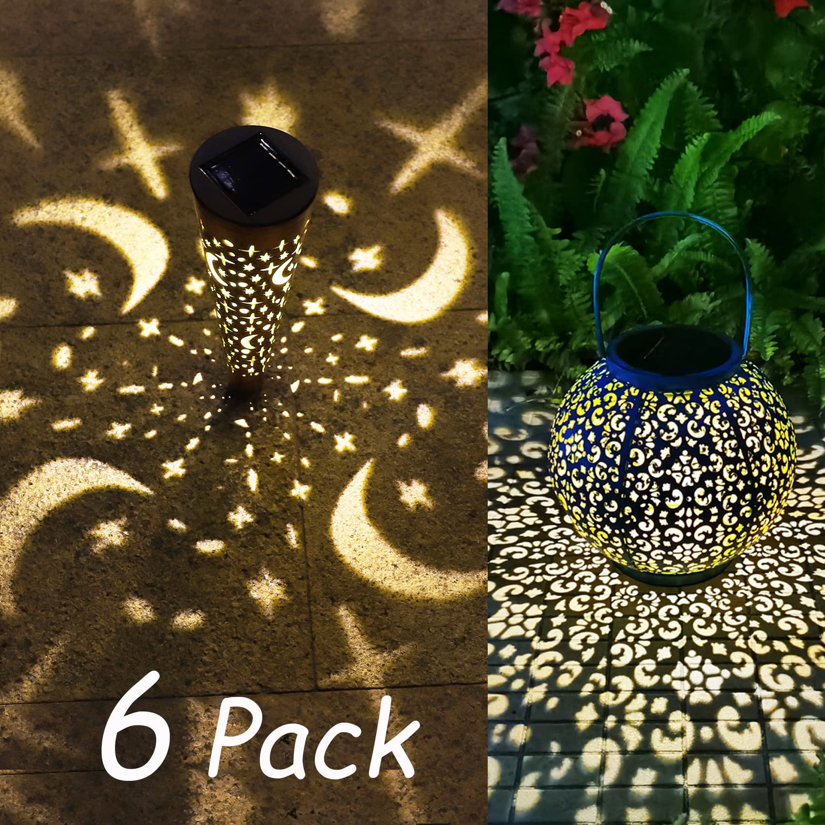 6-Pack Moon Star Solar Lights + 1 Solar Lantern Set - Waterproof Outdoor Garden Decor for Pathway, Yard, Patio & Landscape Lighting