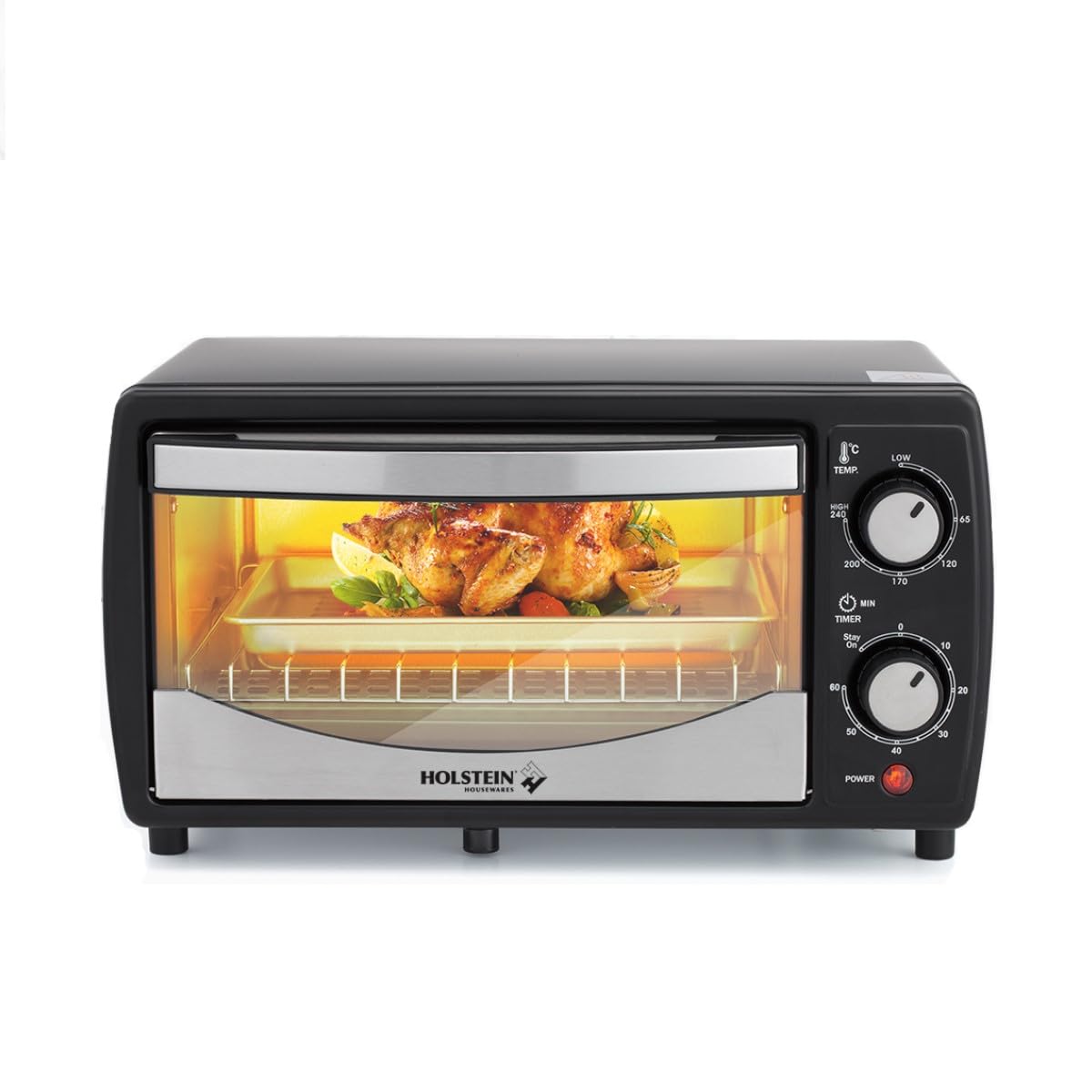 Holstein Housewares 4-Slice Toaster Oven with 60-Minute Timer, Baking Pan & Wire Rack - Compact Countertop Design for Toasting, Broiling, Baking - Perfect for Small Kitchens, Dorms, Apartments & Office Break Rooms