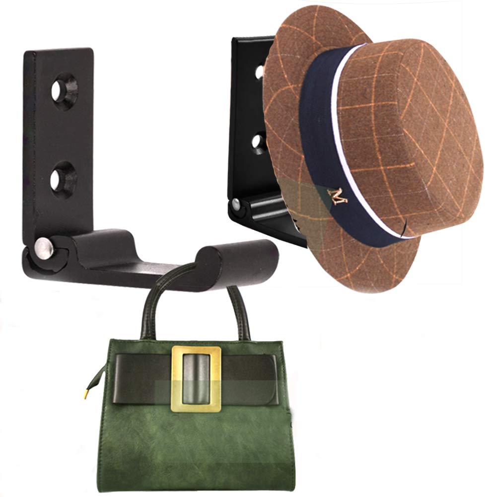 2 Pack Foldable Aluminum Helmet Hooks - Heavy Duty Wall Mount Hooks for Hanging Clothes, Coats, Hats, Bags - Space Saving Invisible Wall Hooks for Kitchen, Bathroom, Office, Living Room & Wardrobe Organization (Black) - Perfect for Home, Dorm & RV Storage Solutions