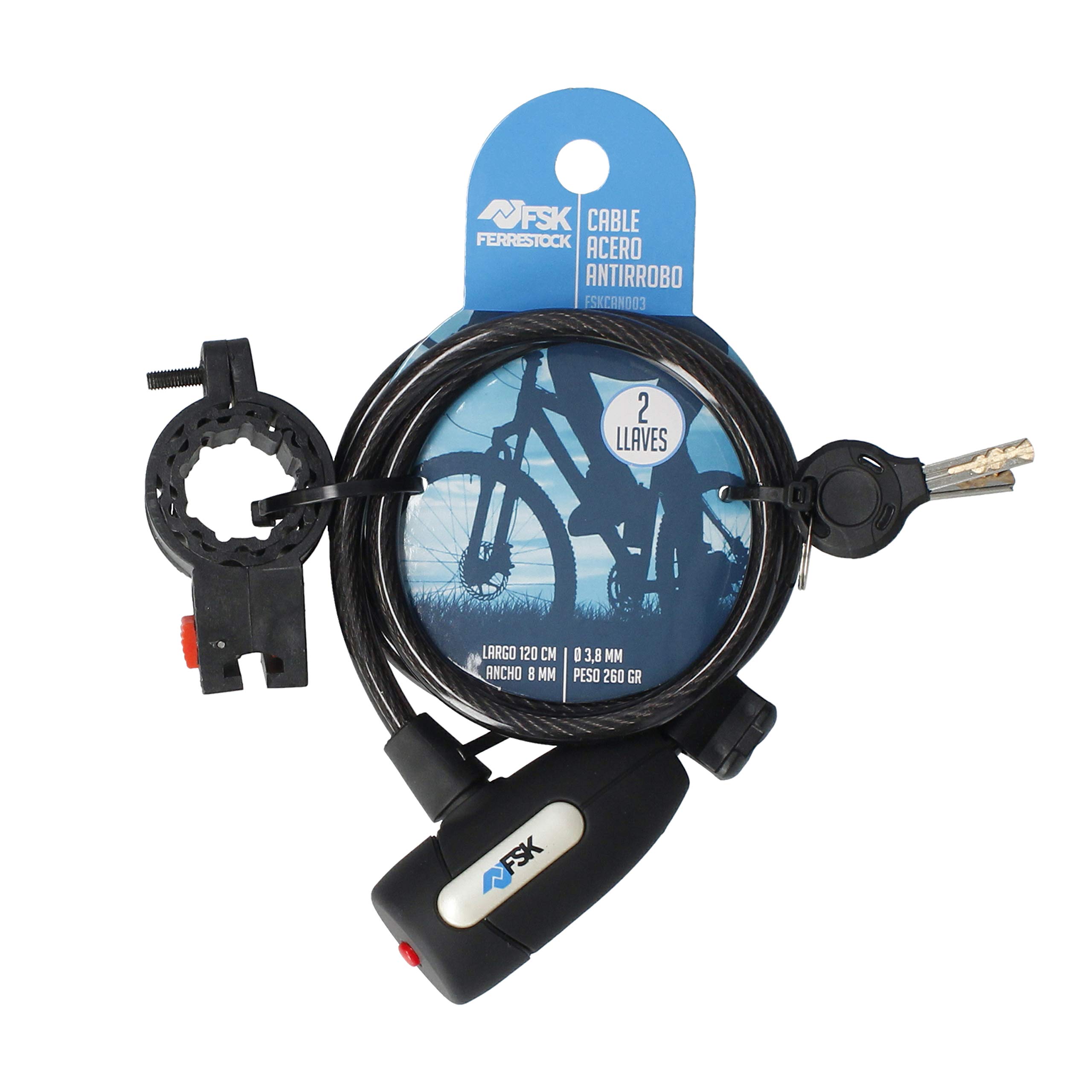 FSKCAN003 8mm x 120cm Heavy Duty Steel Cable Lock with 2 Keys - Secure Bikes, Motorcycles, Gates, Sheds & Outdoor Equipment