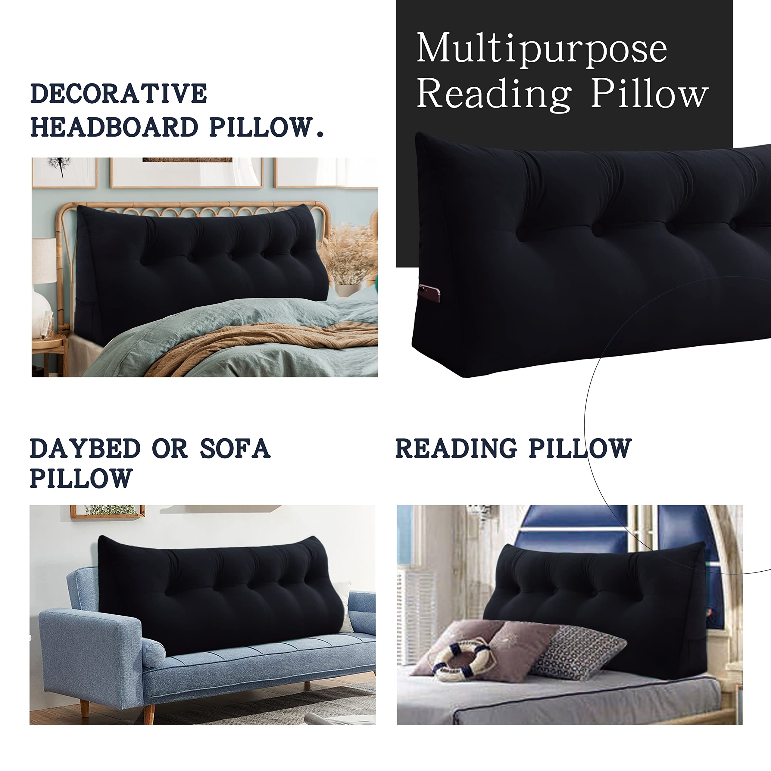 VERCART Large Wedge Pillow for Bed - Velvet Black Headboard & Back Support Cushion, Triangular Reading Pillow for Daybed, Bolster Gap Filler - Perfect for Reading, Watching TV & Lounging in Bed