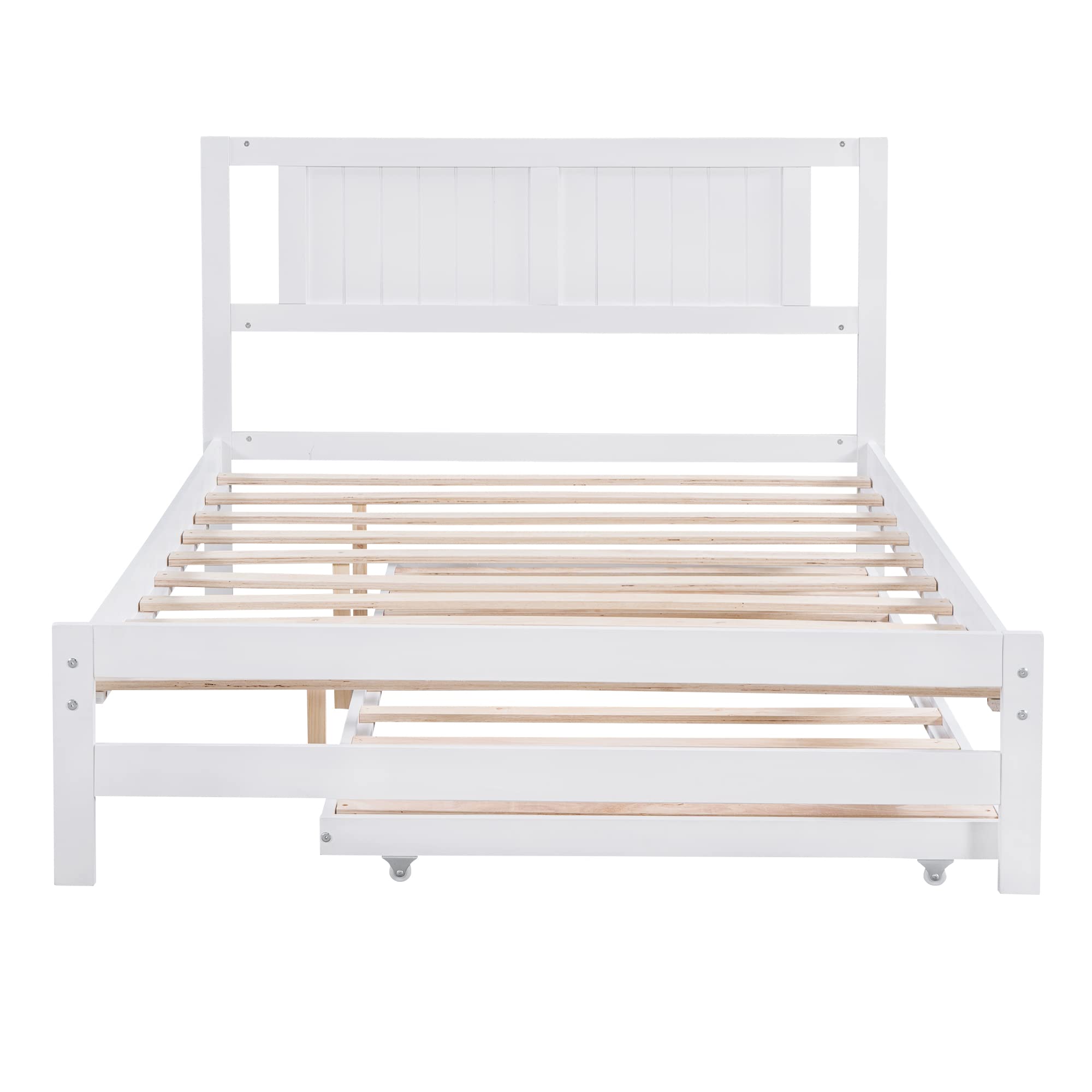 Harper & Bright Designs Full Size Convertible Platform Bed with Trundle - White Kids & Teens Bed with Headboard | Space-Saving Trundle Bed for Guest Rooms, Small Bedrooms & Dorm Rooms