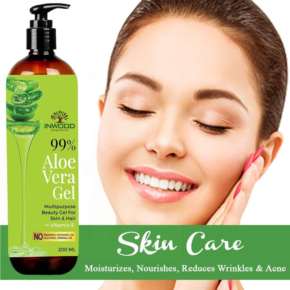 Inwood Organics 99% Pure Organic Aloe Vera Gel for Face, Skin & Hair with Vitamin E | All Skin & Hair Types | Multi-Purpose Hydrating Gel | 100% Vegan & Paraben-Free (200ml) | Soothes Sunburn, Moisturizes Dry Skin & Conditions Hair Naturally