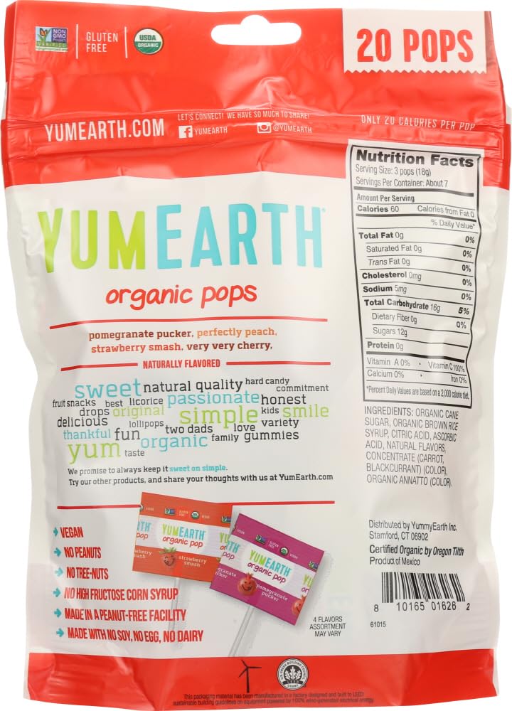 Yummy Earth Organic Fruit Lollipops - 48 Count (4.2 oz) - Assorted Flavors - Vegan & Gluten-Free Candy - Perfect for Birthday Parties, Halloween Treats & School Snacks