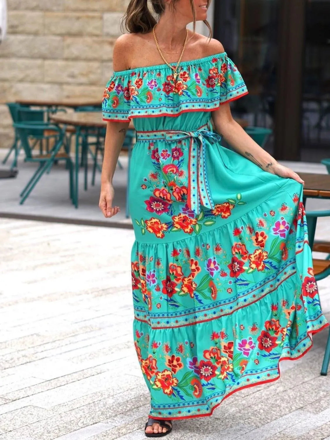 Floral Off Shoulder Ruffle Maxi Dress for Women - Beach Wedding Resort Party Wear - Perfect for Summer Vacations, Tropical Getaways & Boho Photoshoots