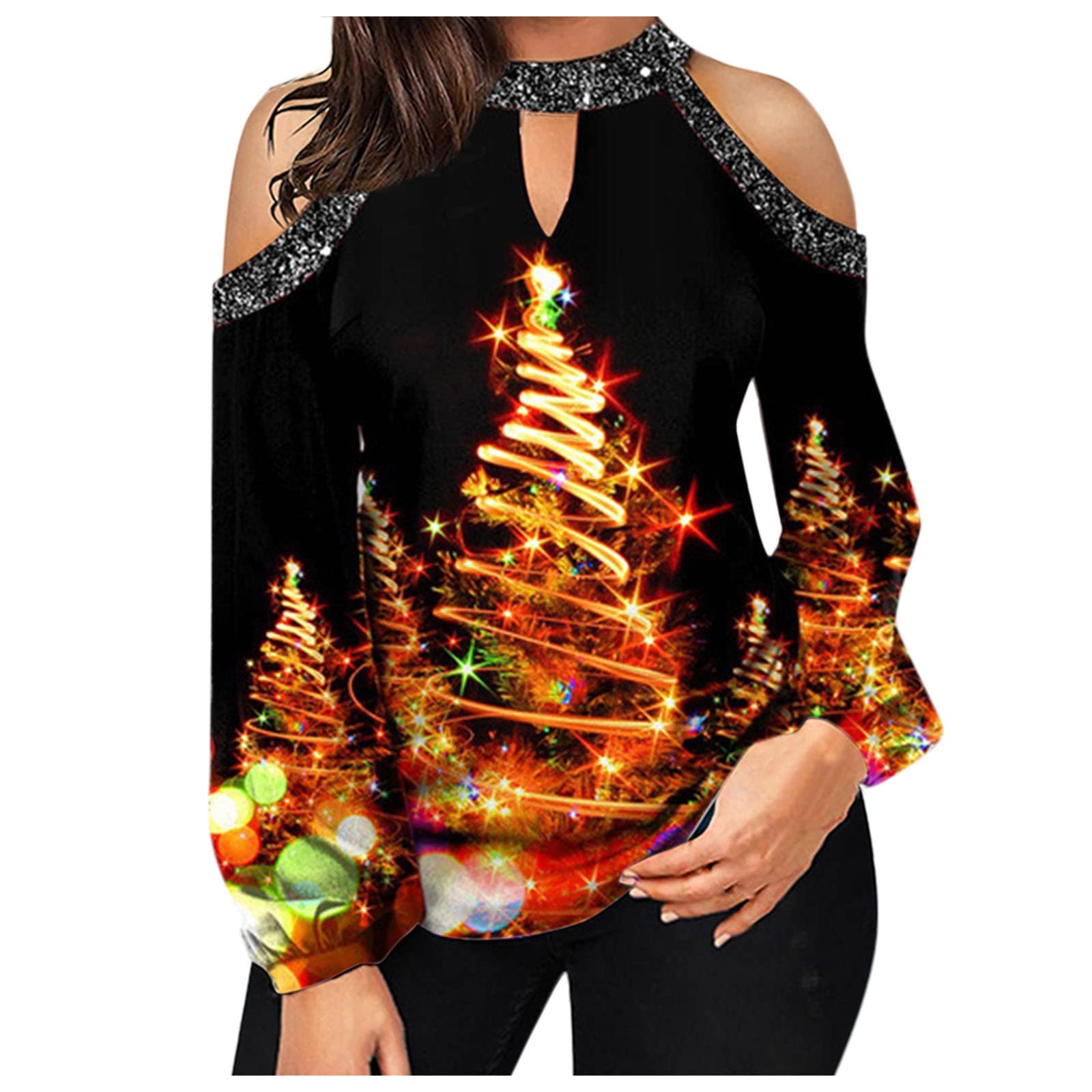 FMCHICO Women's Christmas Off Shoulder Long Sleeve Blouse - Casual Pullover Tops for Holiday Parties & Family Gatherings