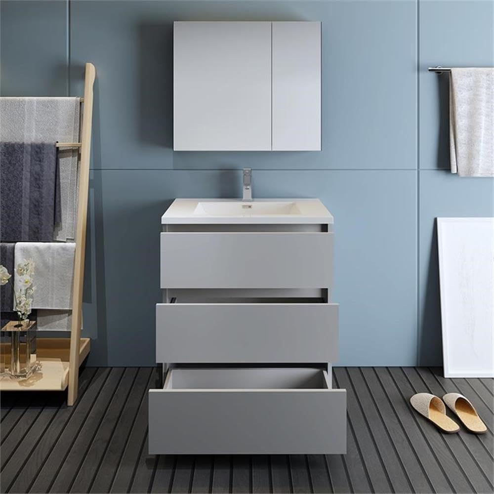 Fresca Lazzaro 30 Inch Gray Modern Bathroom Vanity with Medicine Cabinet - Free Standing Contemporary Design (Faucet Not Included) - Perfect for Small Bathrooms, Master Suites & Home Renovations