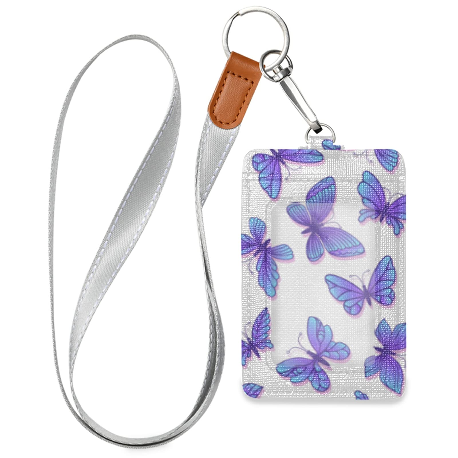 Vertical Leather ID Badge Holder with Lanyard - Purple Butterflies Design for Office & School Staff