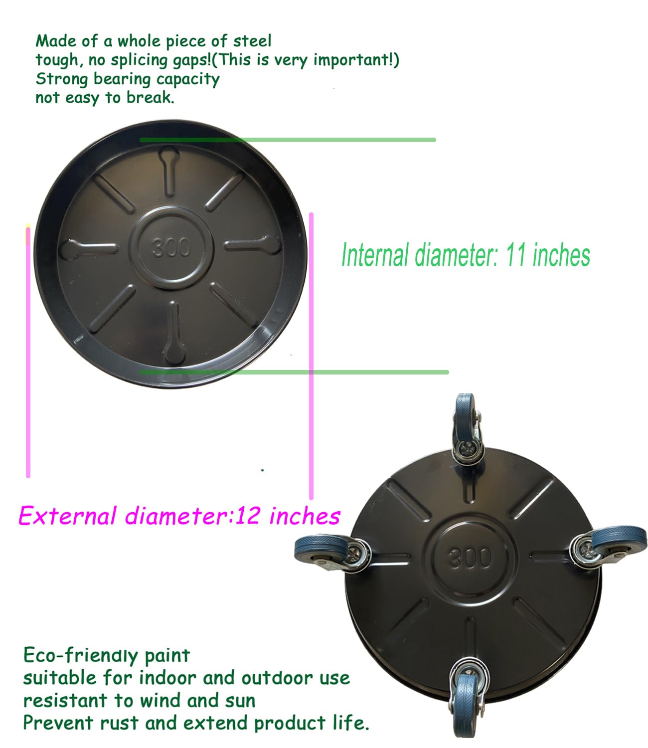 Heavy Duty Rolling Plant Caddies with Wheels - 12 Inch Large Metal Plant Stand, Moveable Planter Saucer & Pot Mover Dolly for Indoor/Outdoor Use (Set of 3, Black) - Perfect for Moving Large Potted Plants on Patios, Decks & Garden Spaces