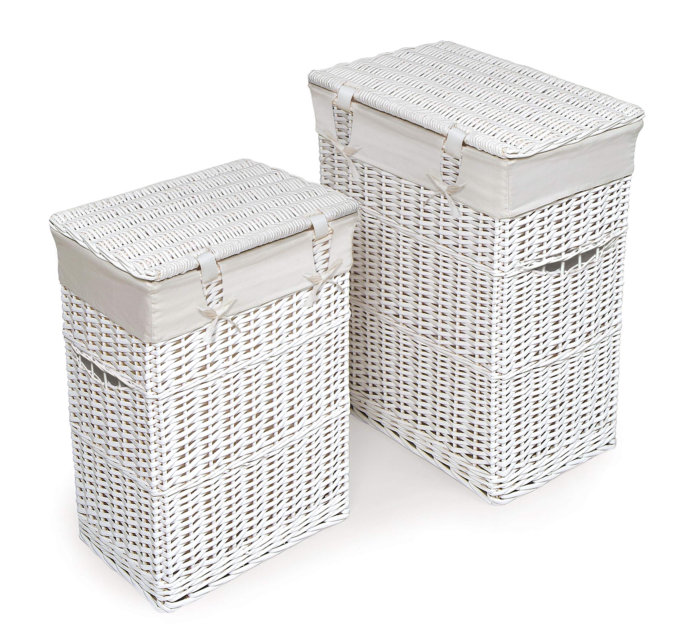 White Wicker Two Hamper Set with Removable Liners - Laundry Basket for Bedroom, Bathroom & Closet Organization