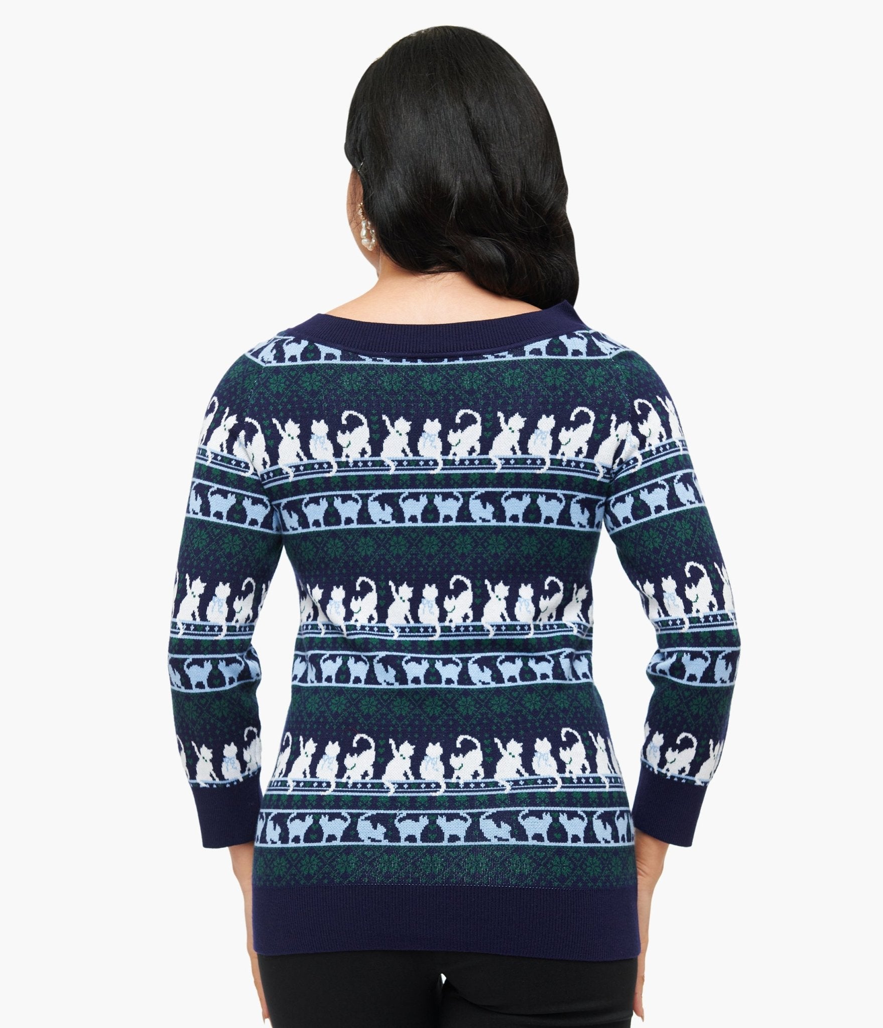 Vintage 1940s Navy & White Cat Pattern Lorelai Sweater - Retro Knit Pullover for Women - Perfect for Themed Parties, Cosplay & Everyday Wear