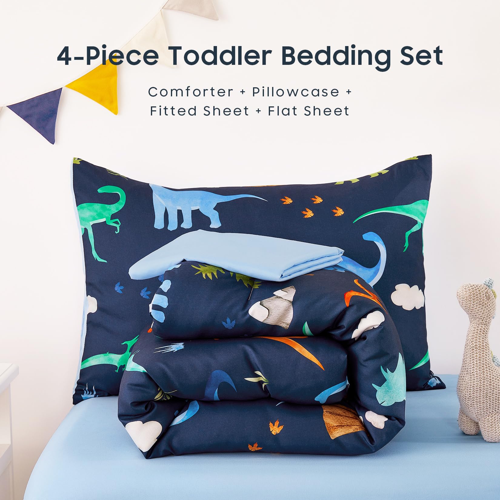 Wake In Cloud - 4-Piece Soft Toddler Bedding Set for Boys, Dinosaur & Volcano Theme, Navy Blue - Includes Comforter, Fitted Sheet, Flat Sheet & Pillowcase - Perfect for Nursery, Daycare or Kids' Room Decor