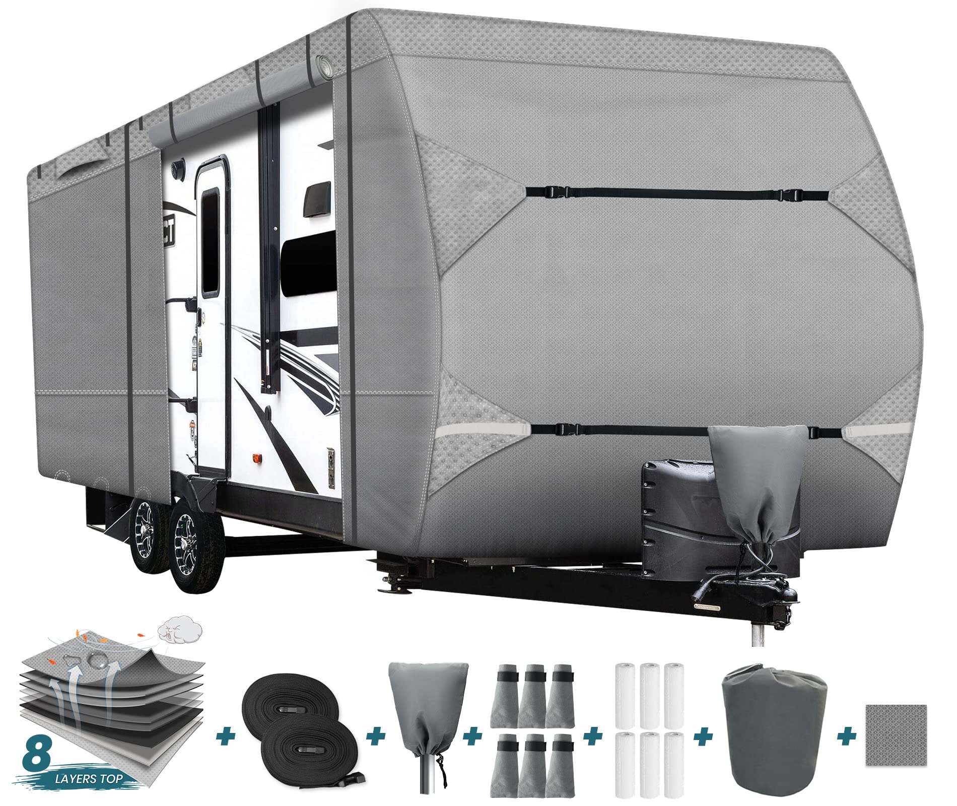 Heavy Duty 35'-38' RV Cover - 8-Layer Rip-Resistant & Snowproof Travel Trailer Cover with 2 Windproof Straps & Tongue Jack Cover | All-Weather Protection for Campers, Motorhomes & Trailers | Perfect for Winter Storage & Outdoor Travel Use