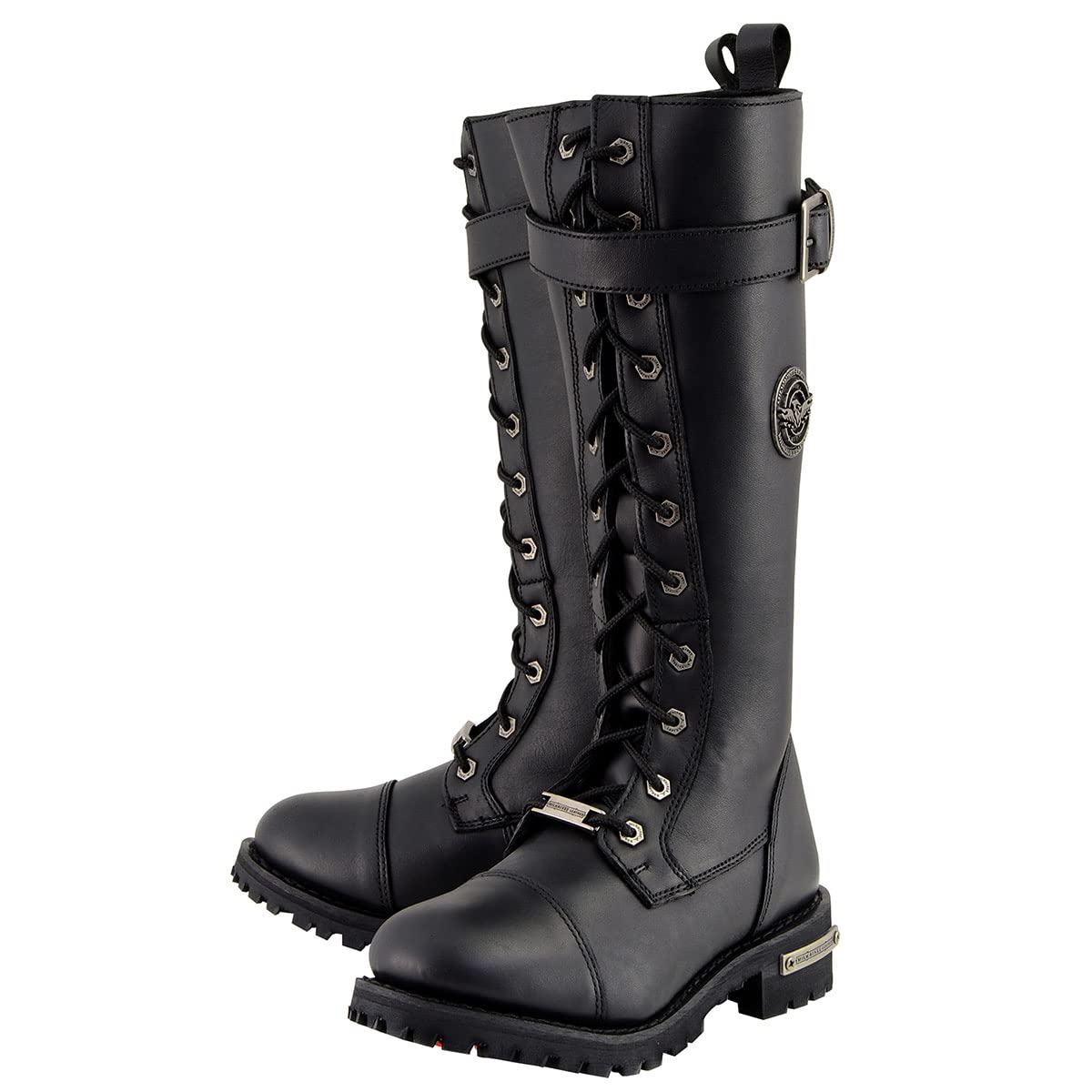 Milwaukee Leather Women's Black 14-inch Lace-Up High-Rise Leather Biker Boots with Calf Buckle MBL9355 - Perfect for Motorcycle Riding & Fashion Outfits