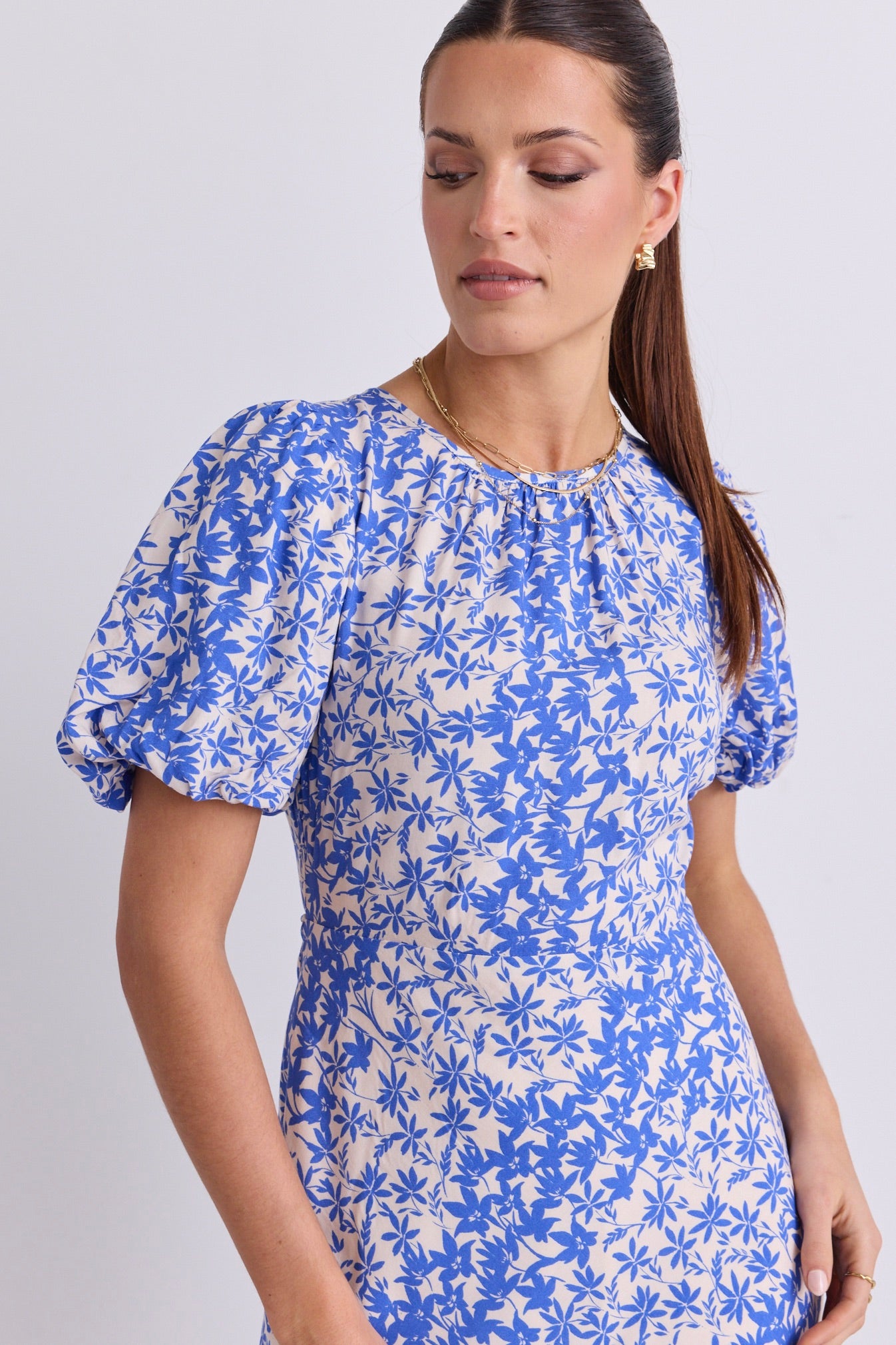 Astrid Blue Floral Puff Sleeve Bias Maxi Dress for Women | Summer Beach Wedding Guest Dress | Boho Chic Midi Dress for Vacation & Special Occasions