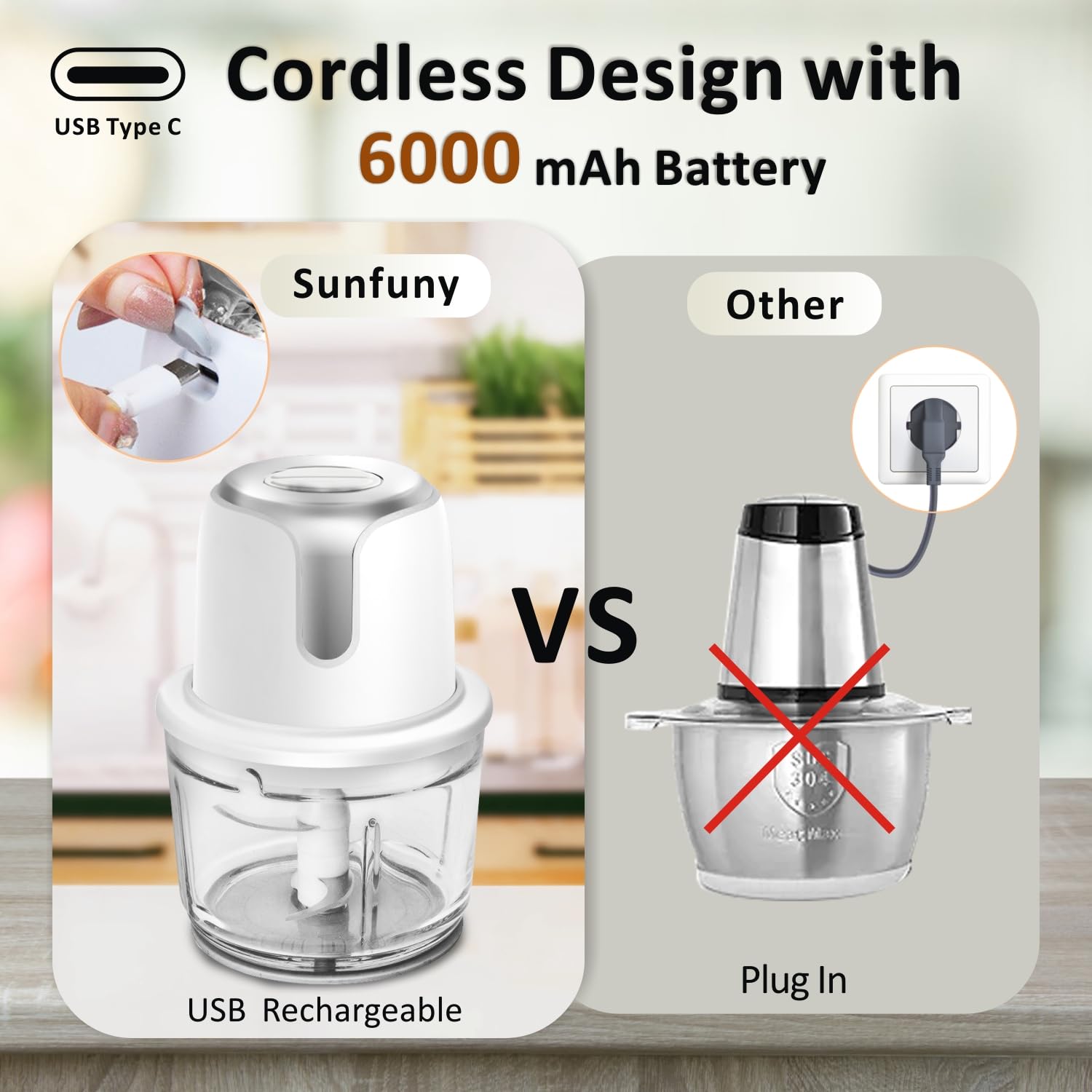 Cordless Food Processor with 5-Cup Glass Bowl - 6000mAh USB-C Rechargeable Electric Chopper for Vegetables, Meat, Garlic & Onion - Compact Wireless Kitchen Blender for Salad Prep & Baby Food Making - Perfect for Small Kitchens & Quick Meal Preparation