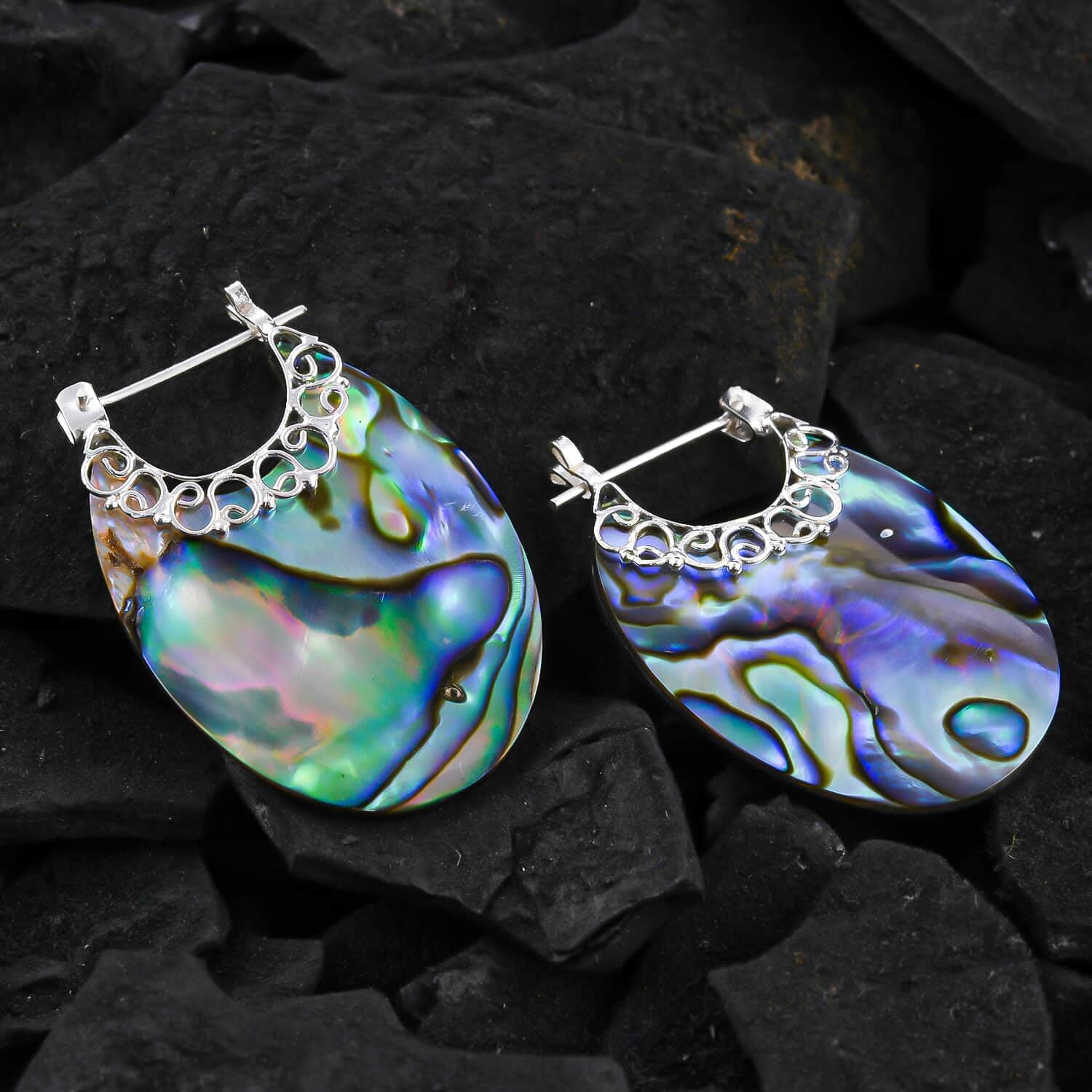 925 Sterling Silver Abalone Shell Hoop Earrings - Genuine Handmade Boho Jewelry for Women - Natural Abalone Bali Dangling Earrings - Perfect for Birthday Gifts, Beach Parties & Boho Fashion Accessories