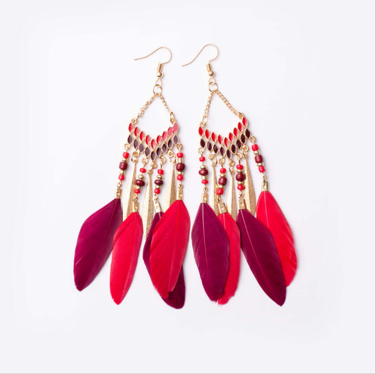 Vintage Bohemian Feather Earrings with Chain Tassel - Handmade Boho Jewelry for Women, Perfect for Festivals, Parties, and Casual Wear