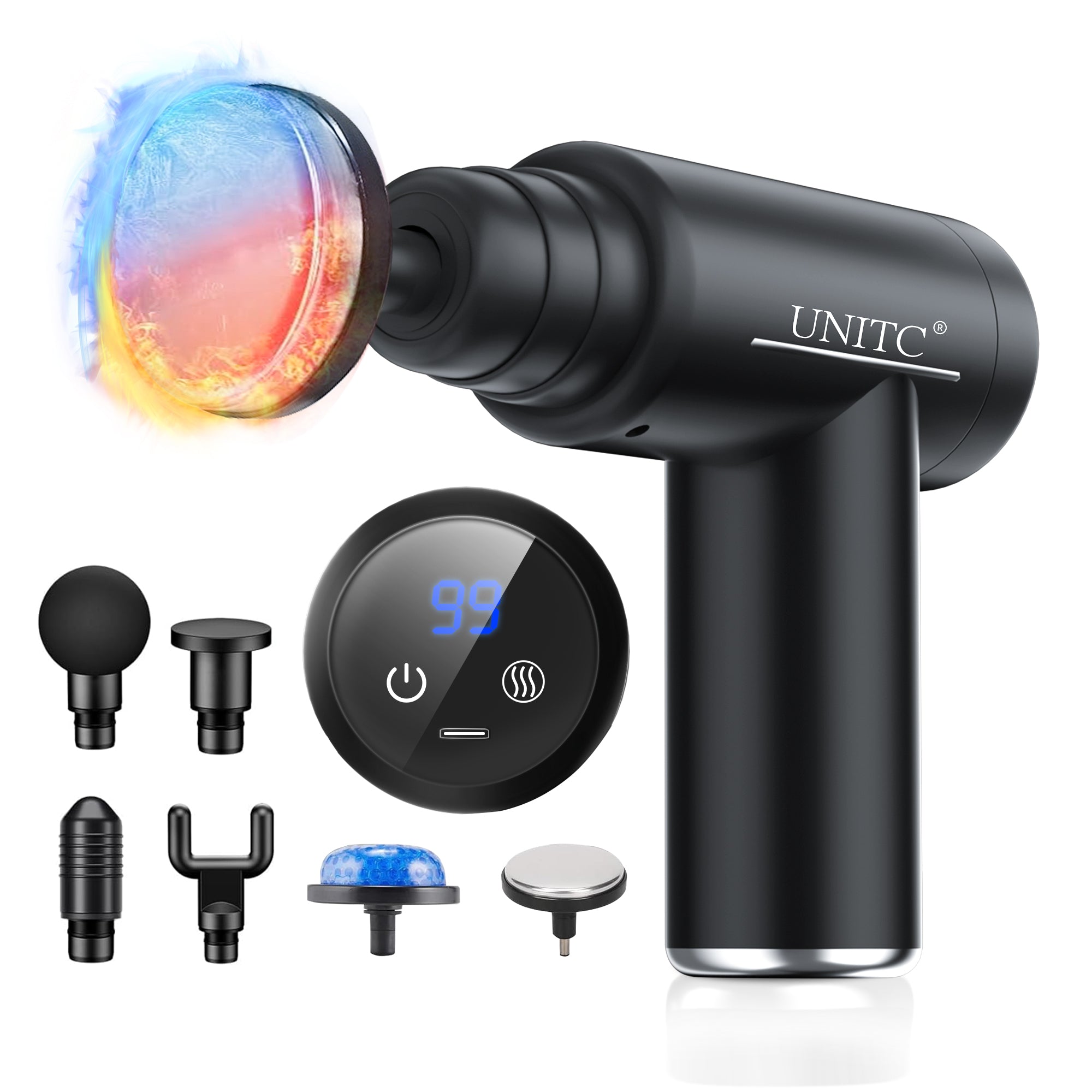 Unitc Handheld Massage Gun with Heat & Cold Therapy - Deep Tissue Massager for Back, Neck & Muscle Pain Relief - 6 Interchangeable Heads - Perfect Gift for Athletes & Office Workers - Use for Post-Workout Recovery & Stress Relief
