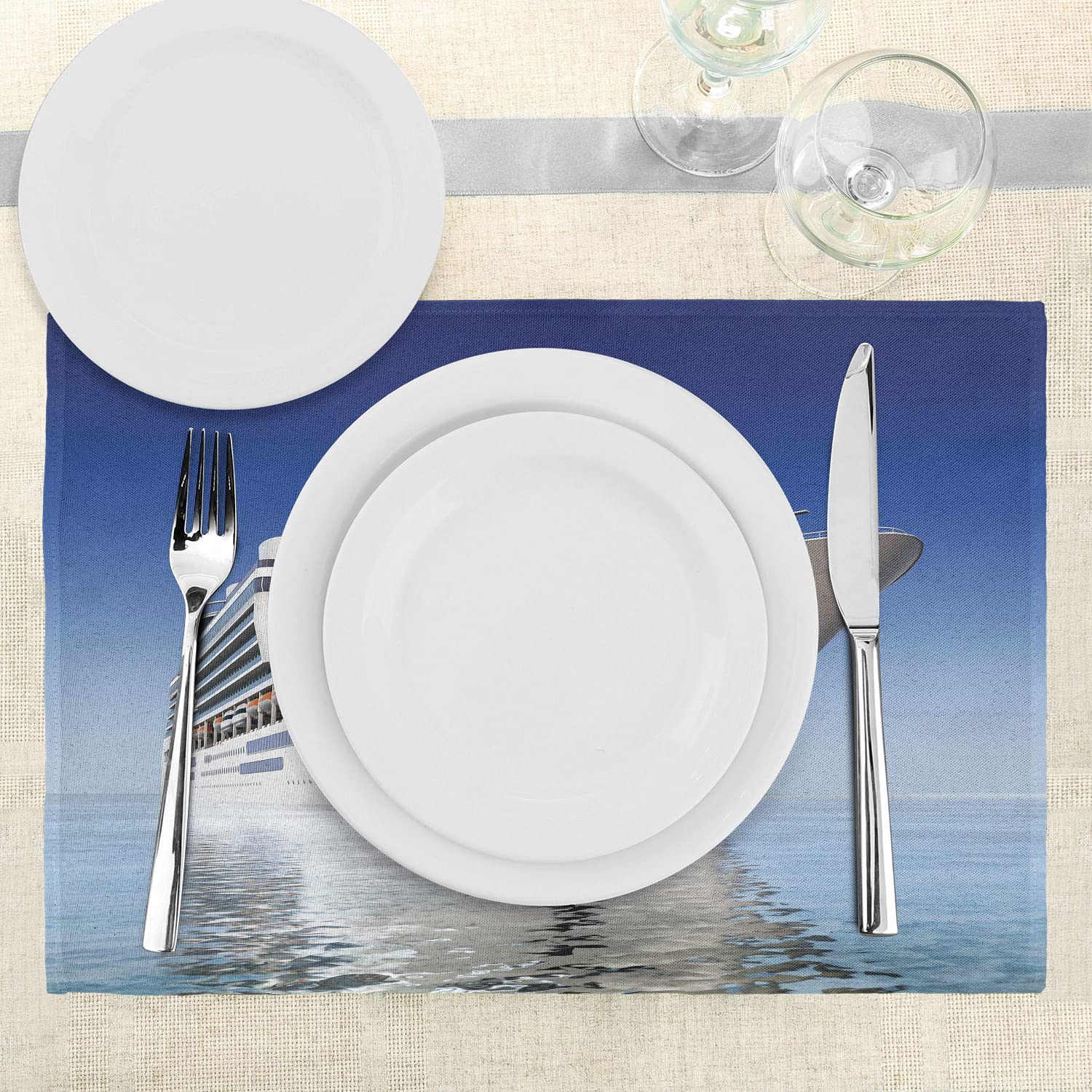 Ambesonne Cruise Ship Place Mats Set of 4 - White Cruise Ship on Calm Blue Water with Clear Sky - Washable Fabric Dining Table Mats - Standard Size Blue & White - Perfect for Nautical Theme Dinner Parties and Cruise Ship Enthusiasts