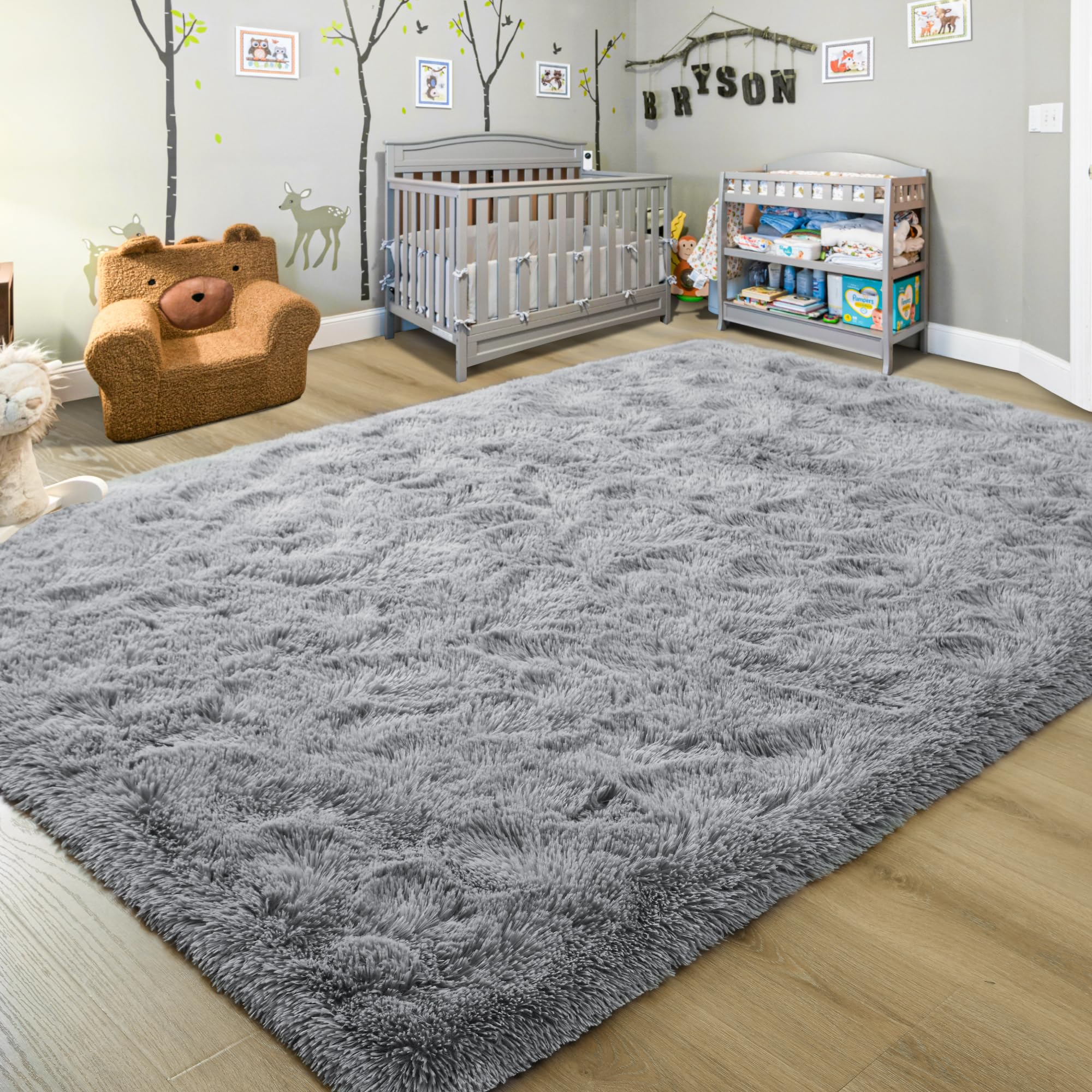 Junovo Ultra Soft 3x5 Feet Fluffy Shaggy Area Rug - Plush Carpet for Bedroom, Nursery, Living Room, Kids Room - Non-Slip Home Decor Floor Mat in Grey - Perfect for Cozy Spaces & Play Areas