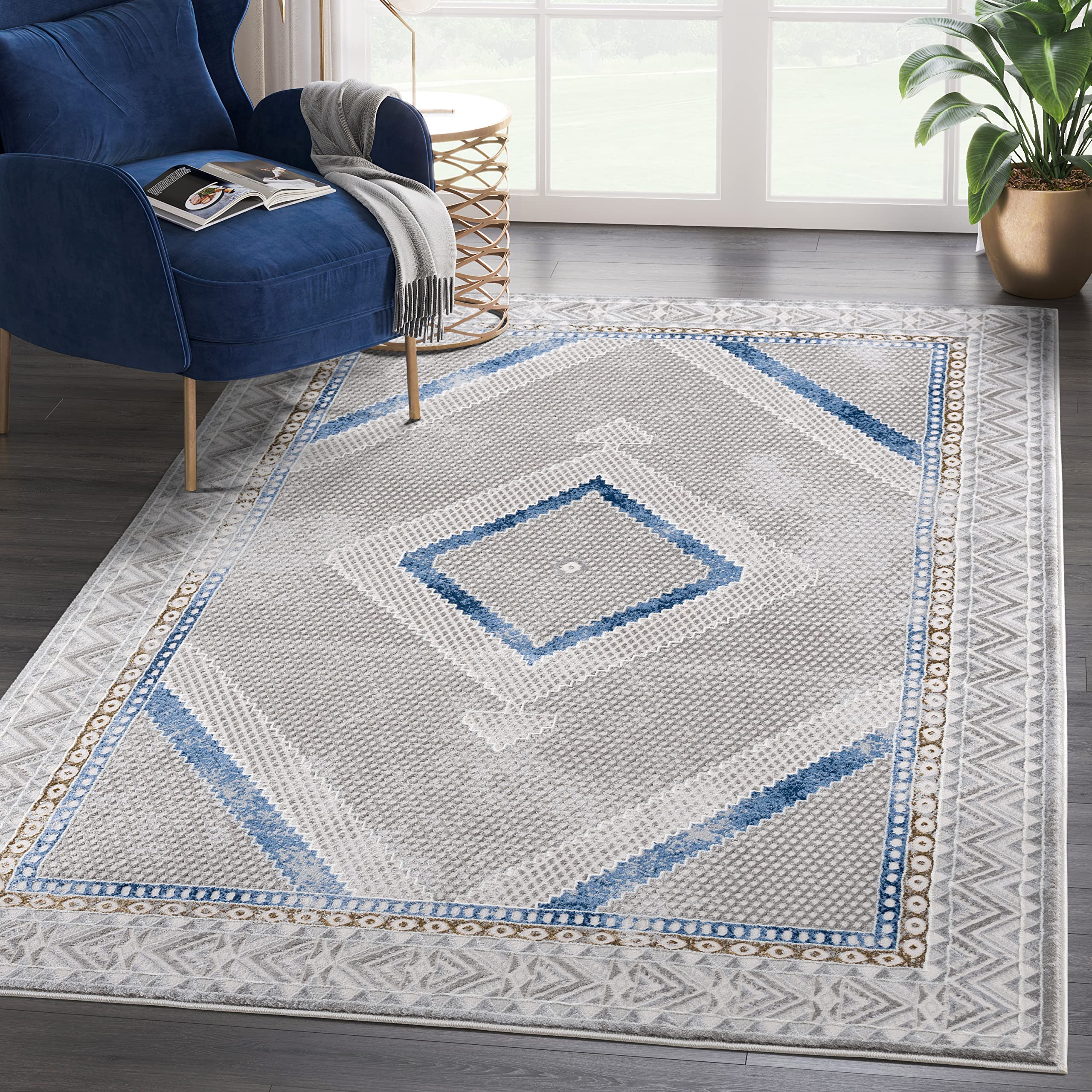 Abani Traditional Blue Diamond Medallion Area Rug - 5’3” x 7’6” Non-Shedding Oriental Print Rug for Dining Room, Living Room & Bedroom - Premium Soft Floor Carpet Under Table Decor