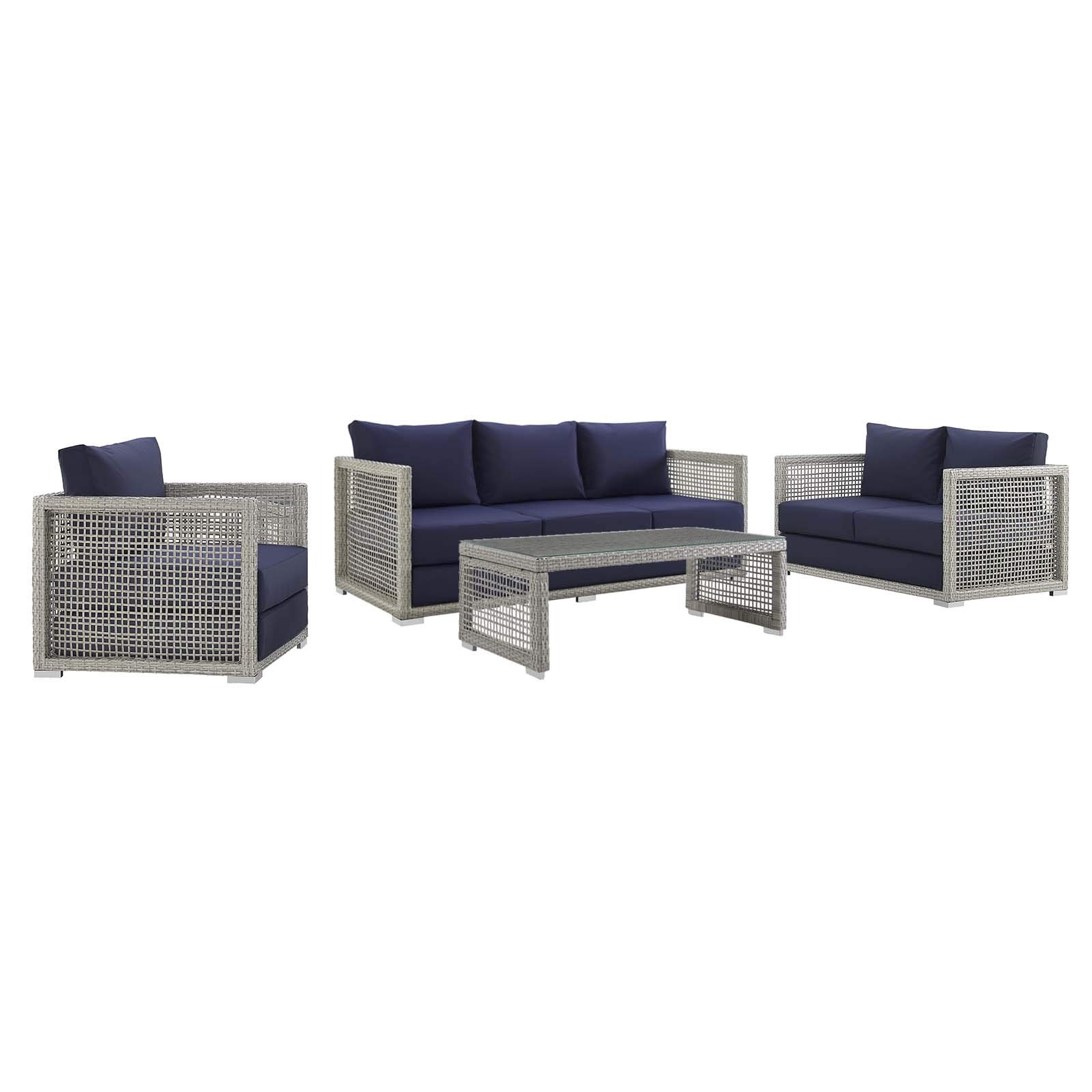 Modway Aura Outdoor Patio Furniture Set - Wicker Rattan Sofa, Loveseat, Armchair & Coffee Table in Gray Navy - Perfect for Backyard, Garden, Poolside & Patio Relaxation