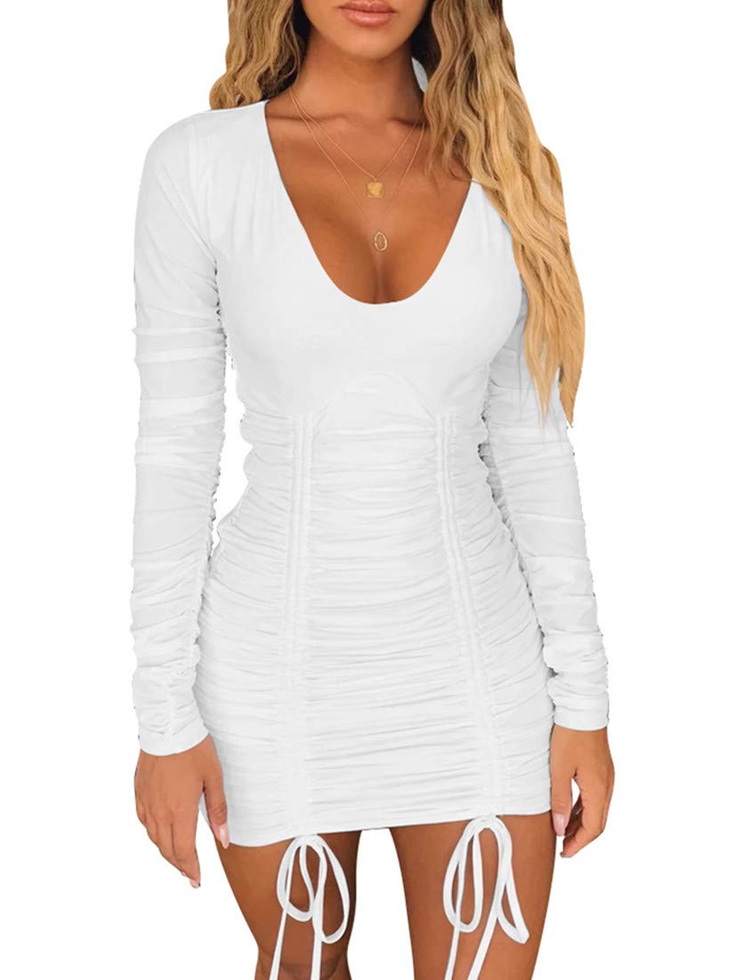 Mizoci Women's Sexy Bodycon Ruched Deep V Neck Drawstring Mini Dress for Club Party, Night Out, Date Night & Special Occasions