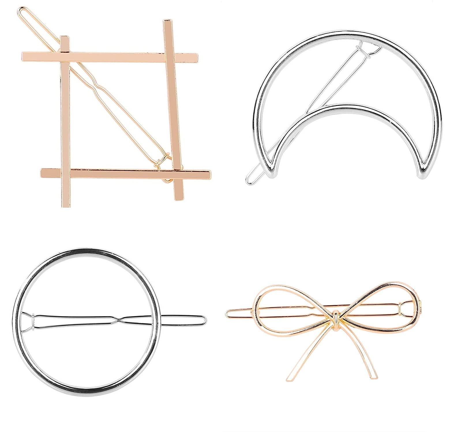 TREXEE 4-Piece Hair Clips Set - Minimalist Gold & Silver Hair Barrettes, Moon Circle & Square Knot Hair Pins for Women & Girls - Perfect for Thick Hair Styling, Everyday Wear & Special Occasions (2 Gold & 2 Silver)