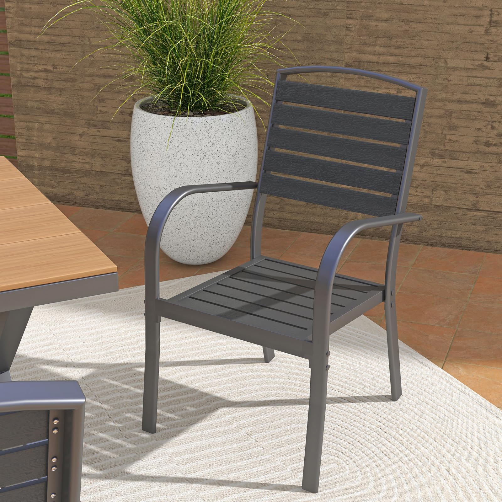**SUNSITT 2-Piece Patio Dining Chair Set - Aluminum Outdoor Chairs with Faux Wood Slats, All-Weather Stackable Design & Armrests - Perfect for Lawn, Porch, Garden, Deck, and Backyard BBQs (Black)**