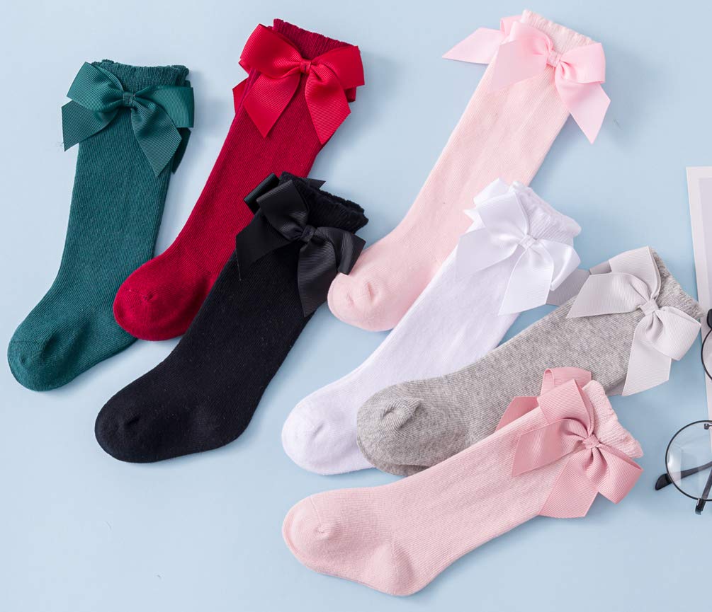 Maorrew 2 Pack Baby Girls Knee High Socks with Bows - Soft Cotton Long Stockings for Infants & Toddlers - Cute Ruffled Uniform Leggings for School, Playtime & Special Occasions